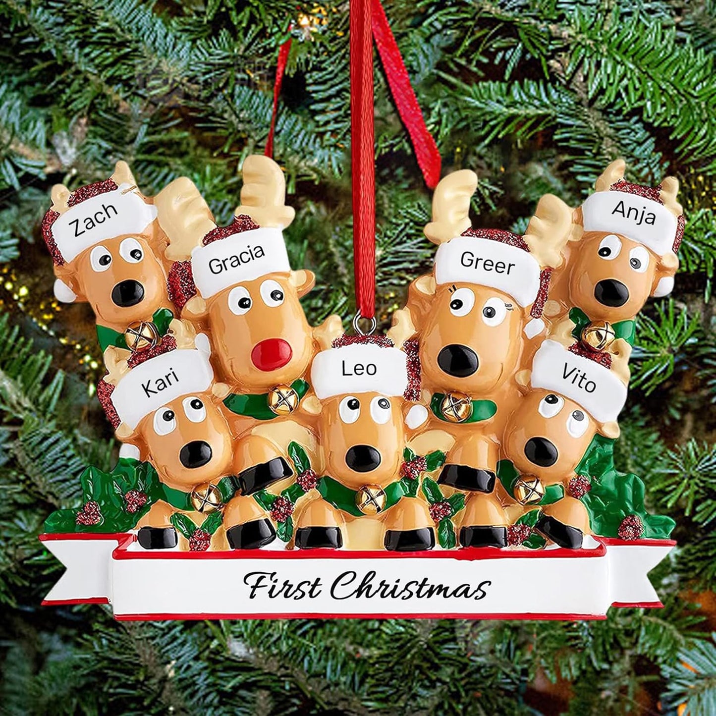 Personalized Christmas Ornaments 2025, Custom Reindeer Family Ornaments for Trees with Names, Handcrafted Christmas Deer Decorations for 2-8 Members, Meaningful Xmas Family of 7