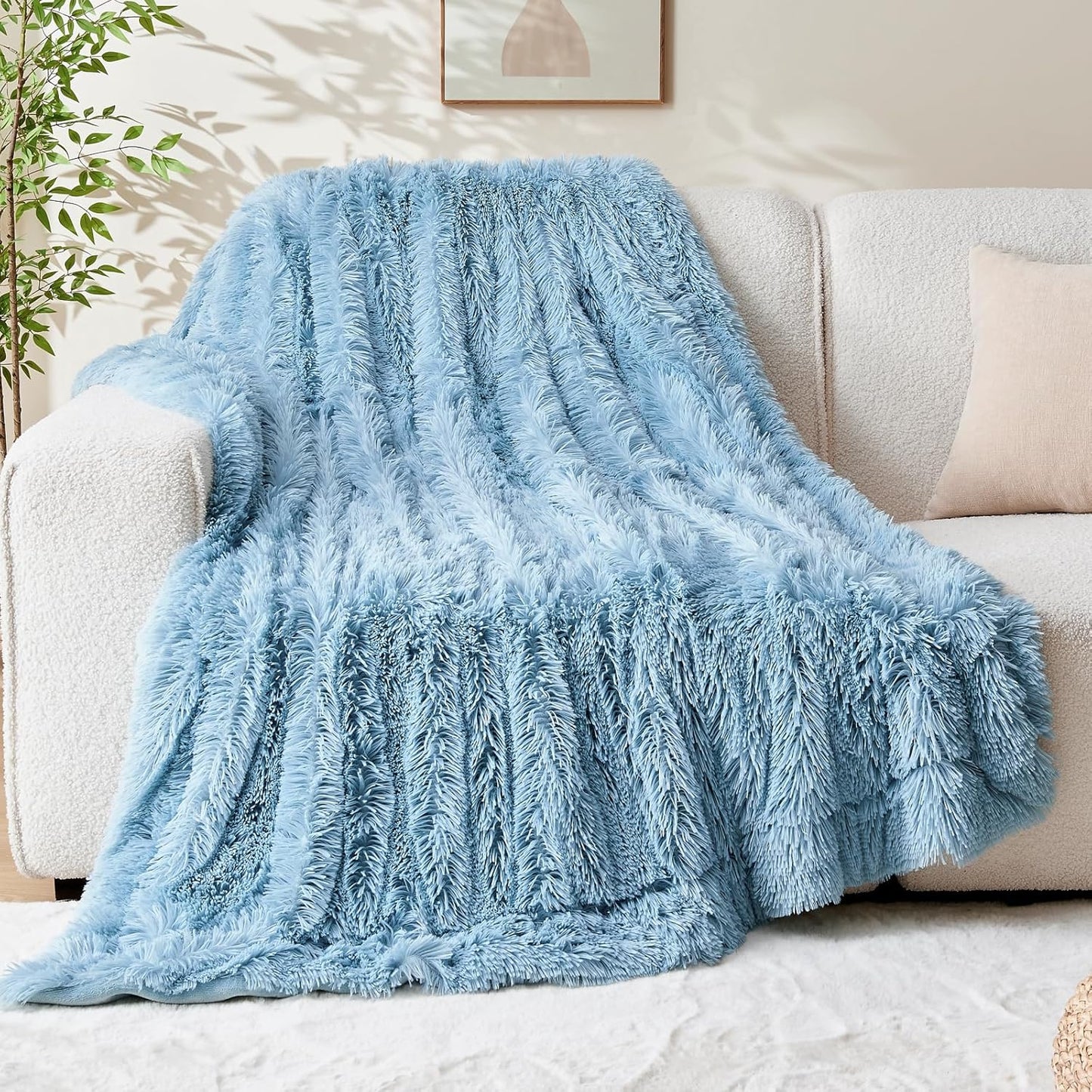 GONAAP Fuzzy Faux Fur Throw Blanket Twin Size Light Blue Super Soft Cozy Plush Fuzzy Shaggy Blanket for Couch Sofa Bed (Light Blue, Twin(60"x80"))