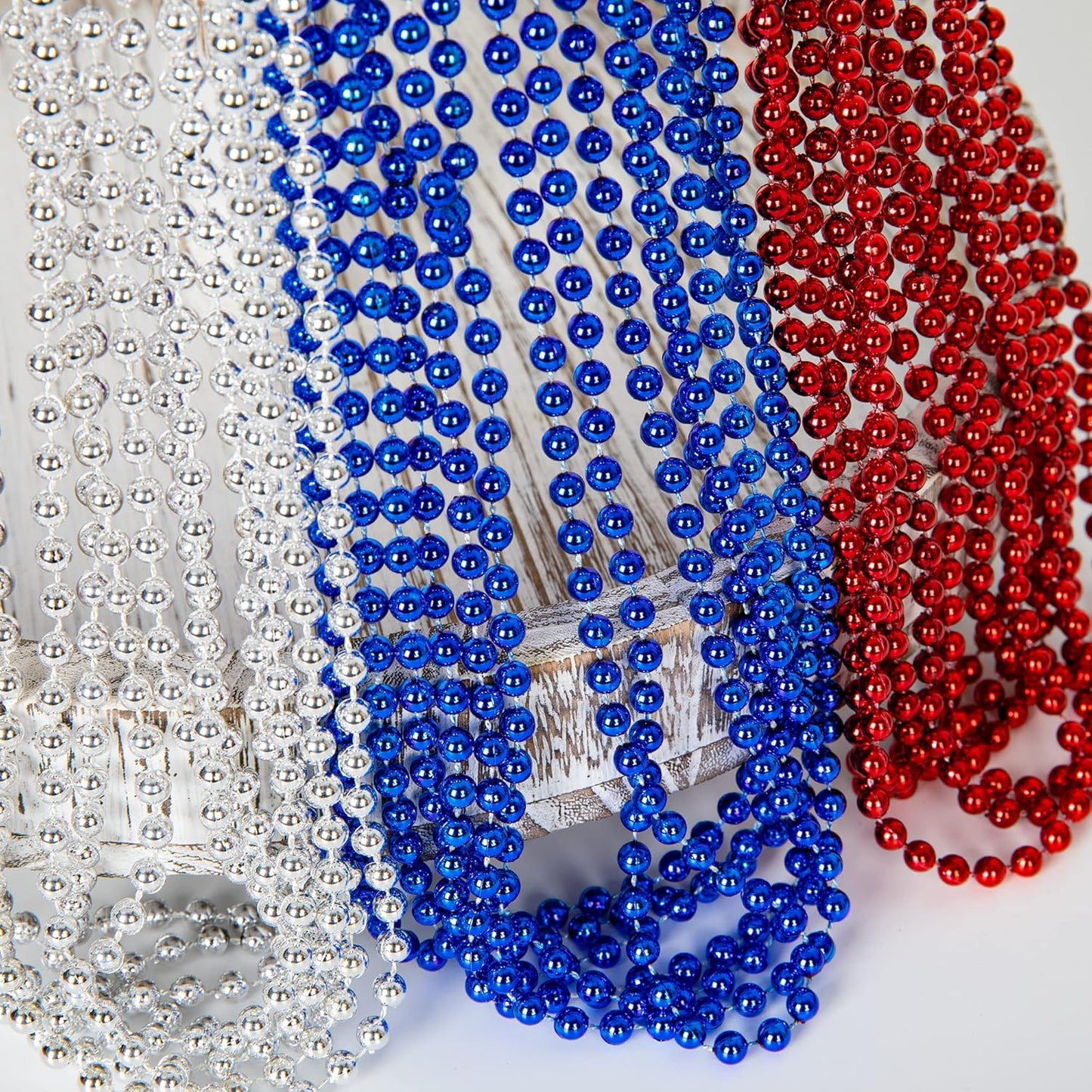 4th of July Necklace Party Favors, 50PCS 4th of July Round Beads Necklace Bulk, Fourth of July Red Blue Silver Necklace, Independence Day Beads Bulk for Patriotic Parade Party Celebration Favor Decor