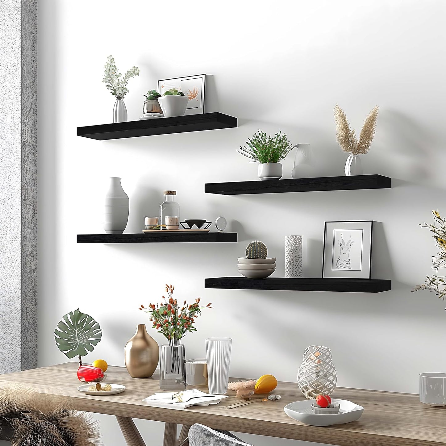 Black Wood Floating Shelves for Wall Rustic Wall Shelves for Bedroom Set of 6