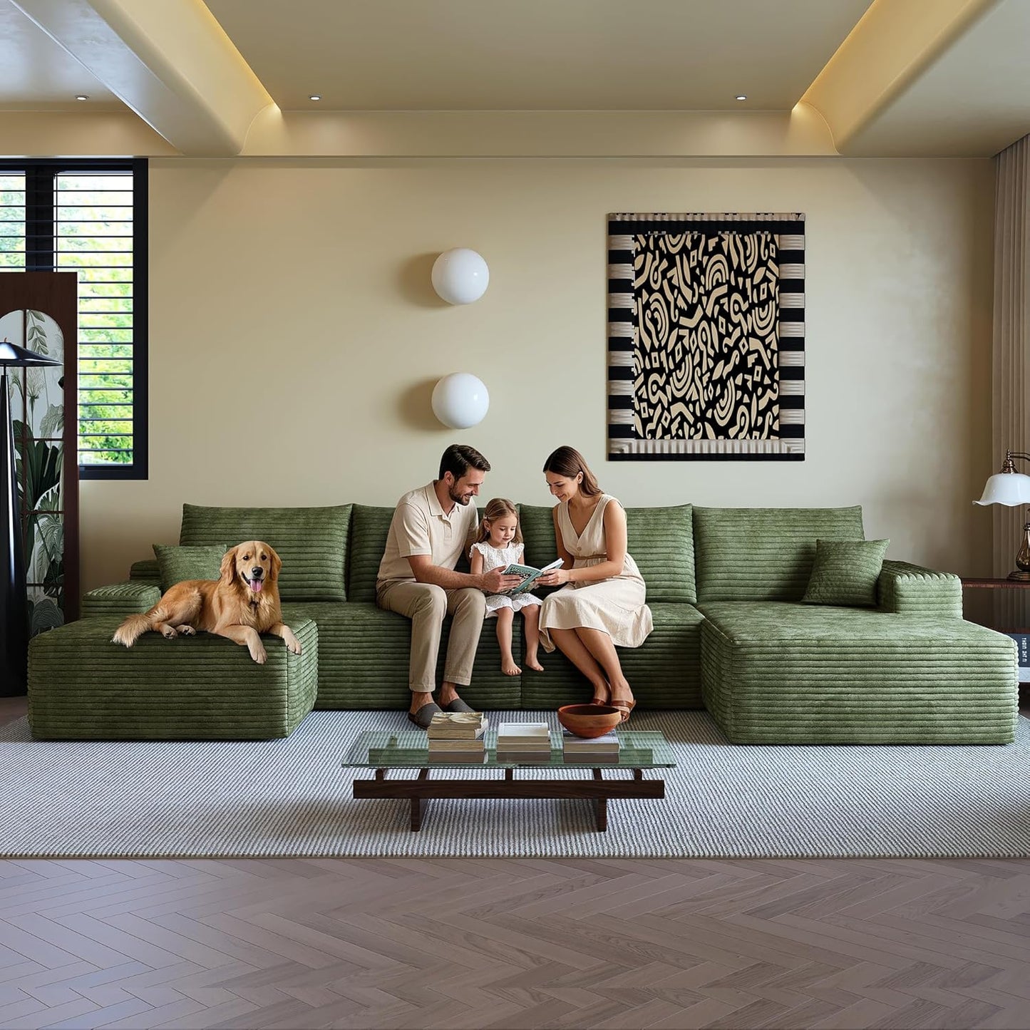 108" Sectional Couches for Living Room Modern Modular Sofa with L-Shape Couchs Upholstered Boneless Couch Deep Seat Sectional Couch with Chaise (Green, Right Facing Chaise+3Seaters+Ottoman)