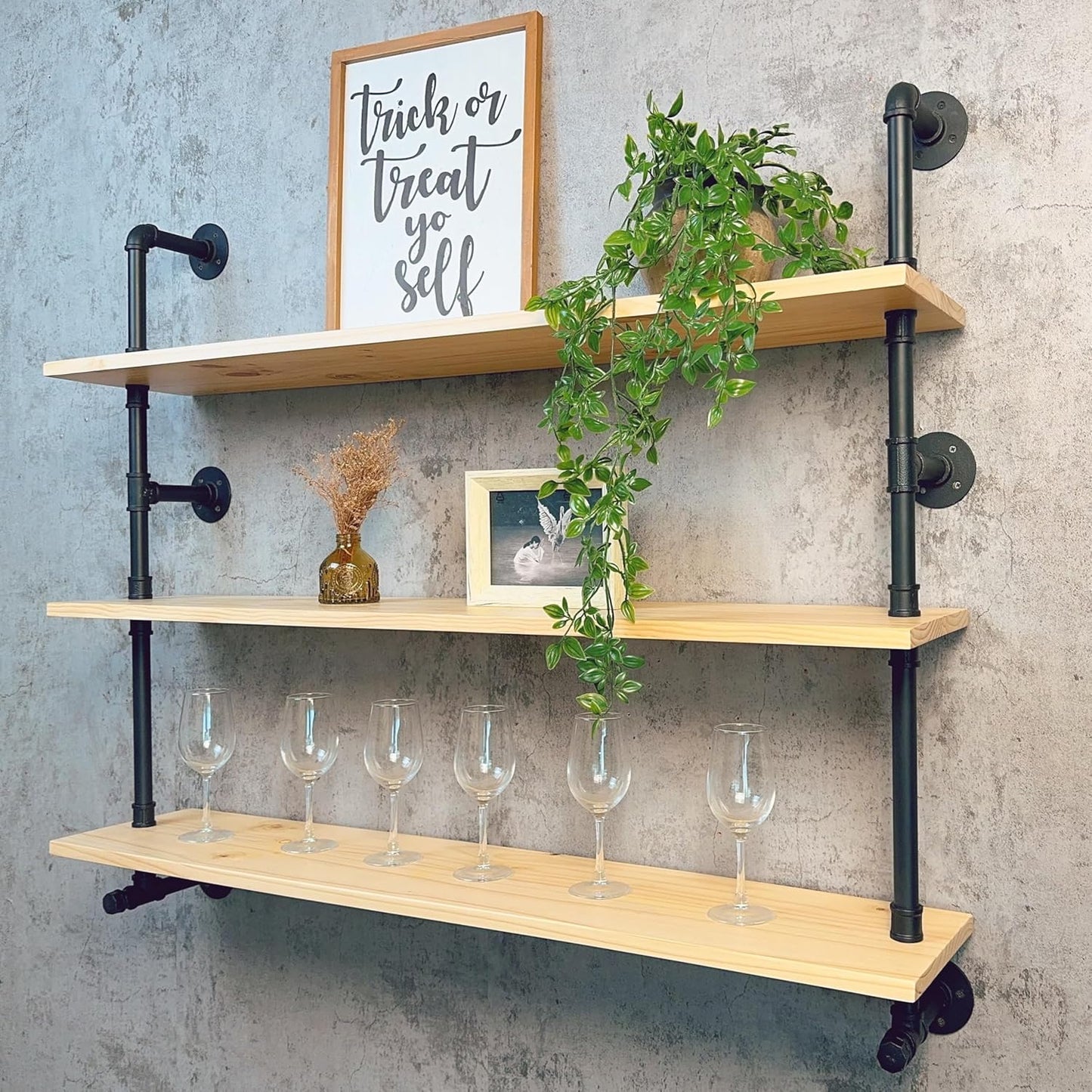 Industrial Pipe Wall Shelves Pipe Shelving with Real Wood Plank,48 Inches Floating Shelves for Wall Farmhouse Pipe Book Shelves Dark Brown 3 Tier for Kitchen,Living Room Decor and Bar Shelving
