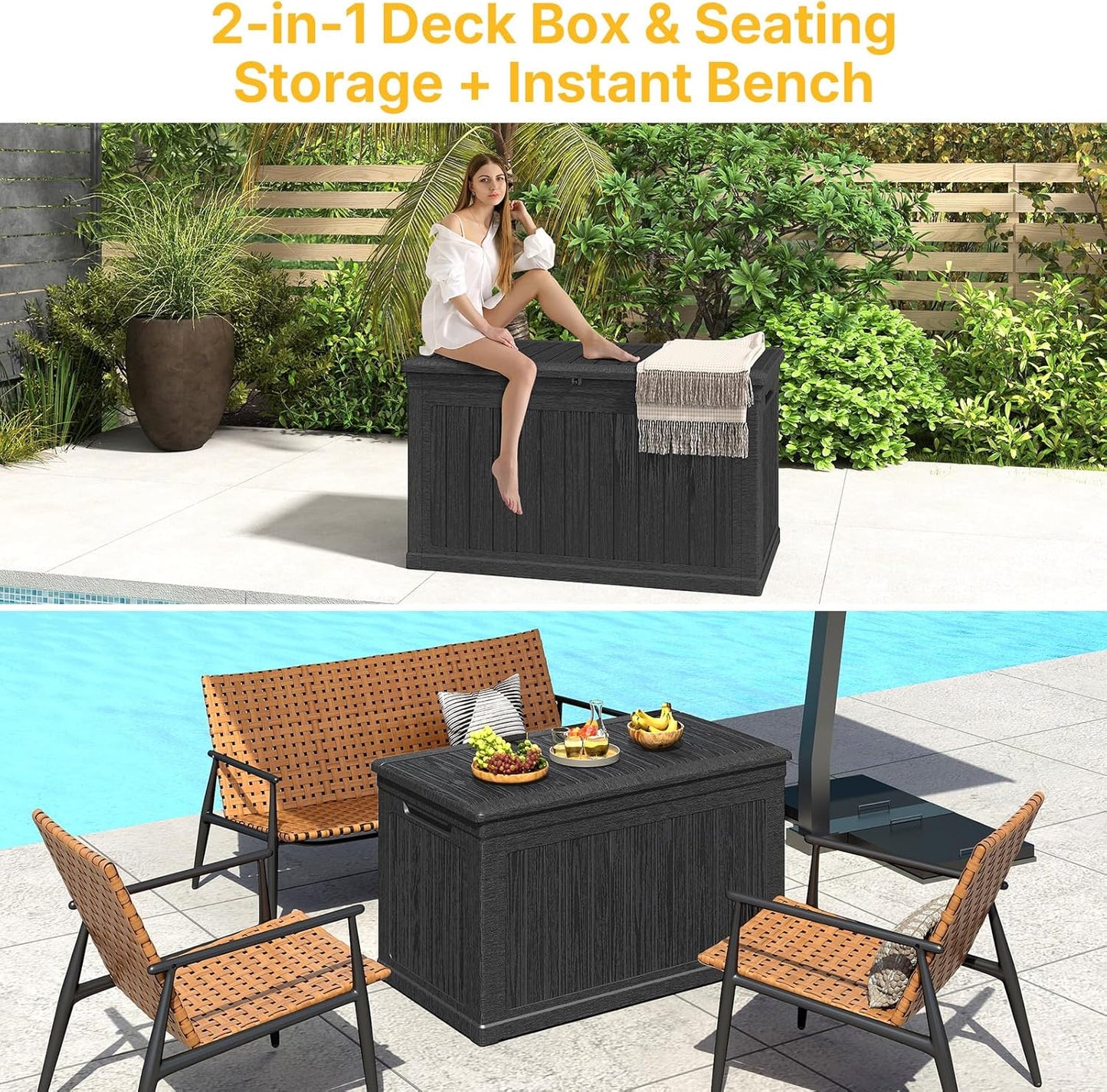 230 Gallon Deck Box Outdoor Waterproof, Large Storage Box Lockable, Black Deck Storage Bench, 440 lbs Load Capacity Outdoor Storage Bin for Garden, Patio, Pool, Boat
