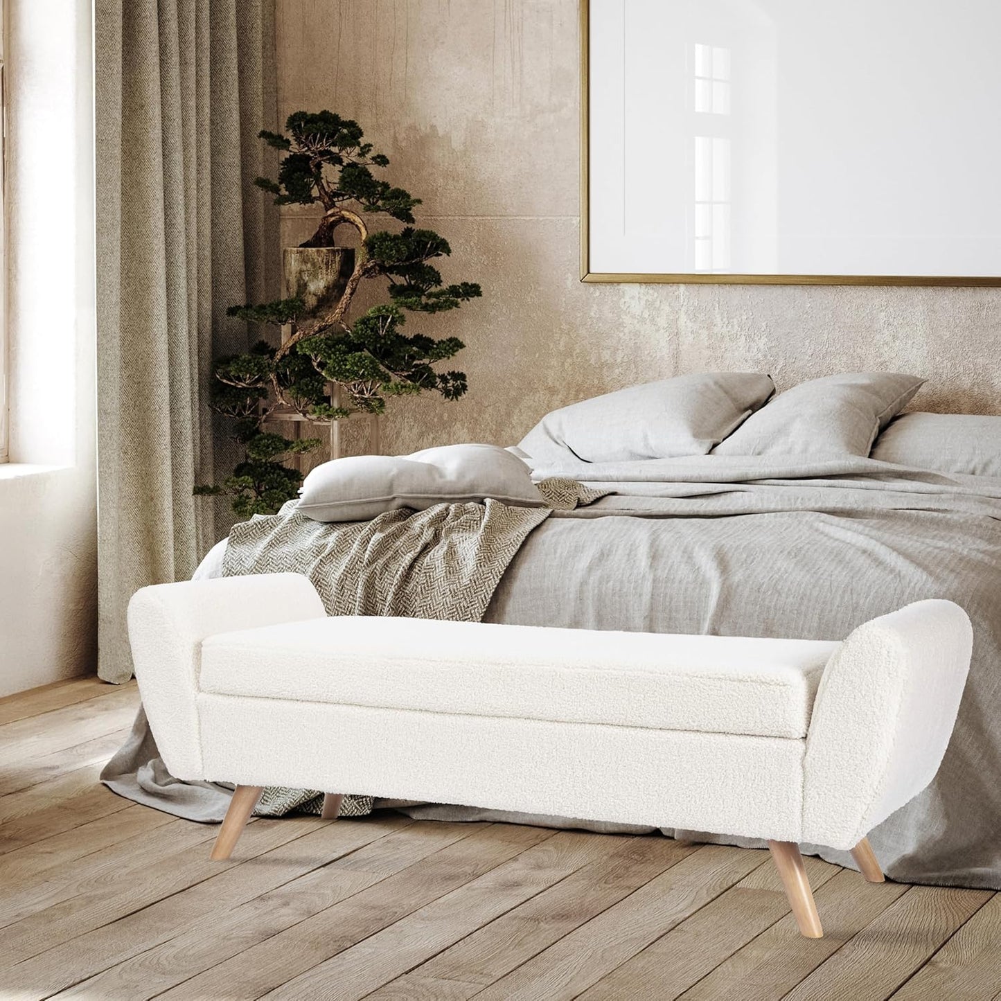 HomePop Modern Storage Bench with Wood Legs Home Décor|Bench with Storage for Living Room & Bedroom - Sherpa Cream