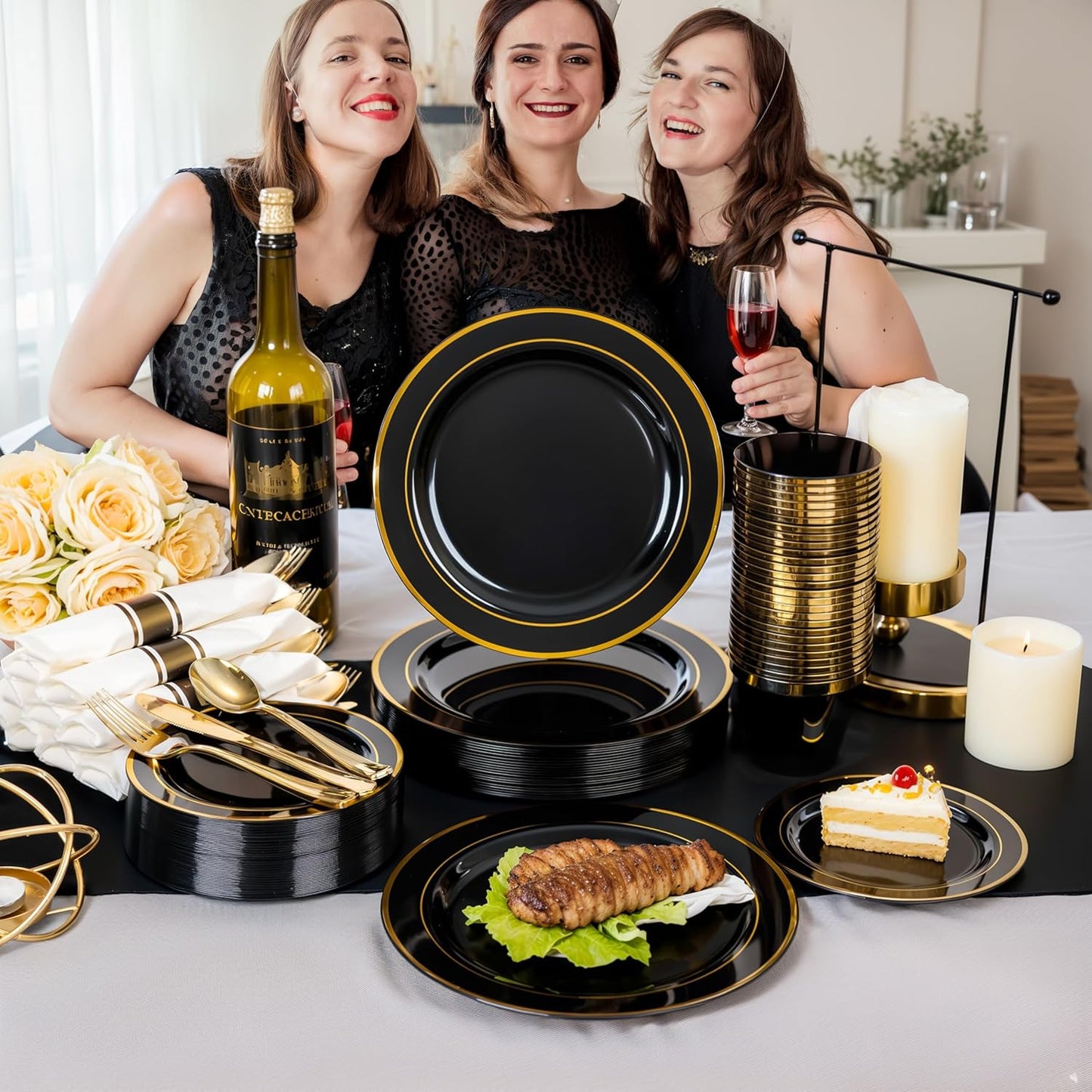350 Pieces Black and Gold Plastic Plates with Disposable Silverware, Include 50 Dinner Plates 9”, 50 Dessert Plates 6.3”, 50 Black Cups 9 OZ, 50 Pre Rolled Napkins for Halloween new year