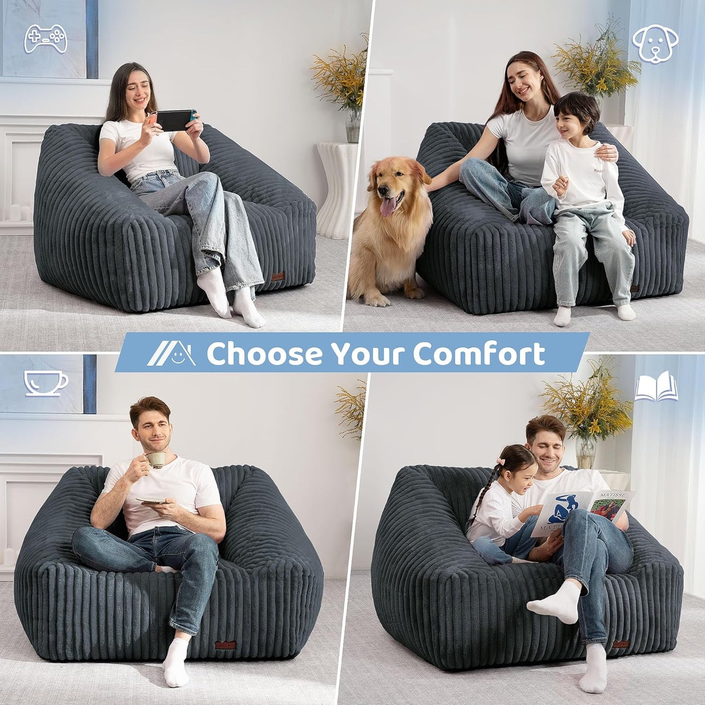 HABUTWAY Bean Bag Chair, Giant Bean Bag Chairs for Adults and Kids, Bean Bag Sofa, Lazy Floor Sofa, Faux Fur Beanbag Chair with Armrests for Living Room Bedroom (Dark Grey)