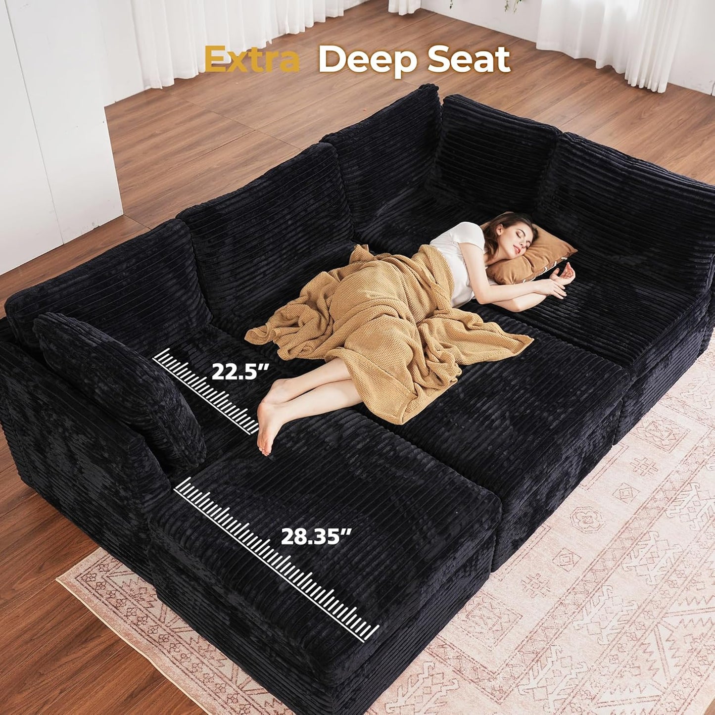 HOOOWOOO Modular Sectional Sofa,8 Pieces Sectional Couches for Living Room,131X98 L Shaped Cloud Couch with Ottoman Chaise Set(Black Velvet Corduroy)