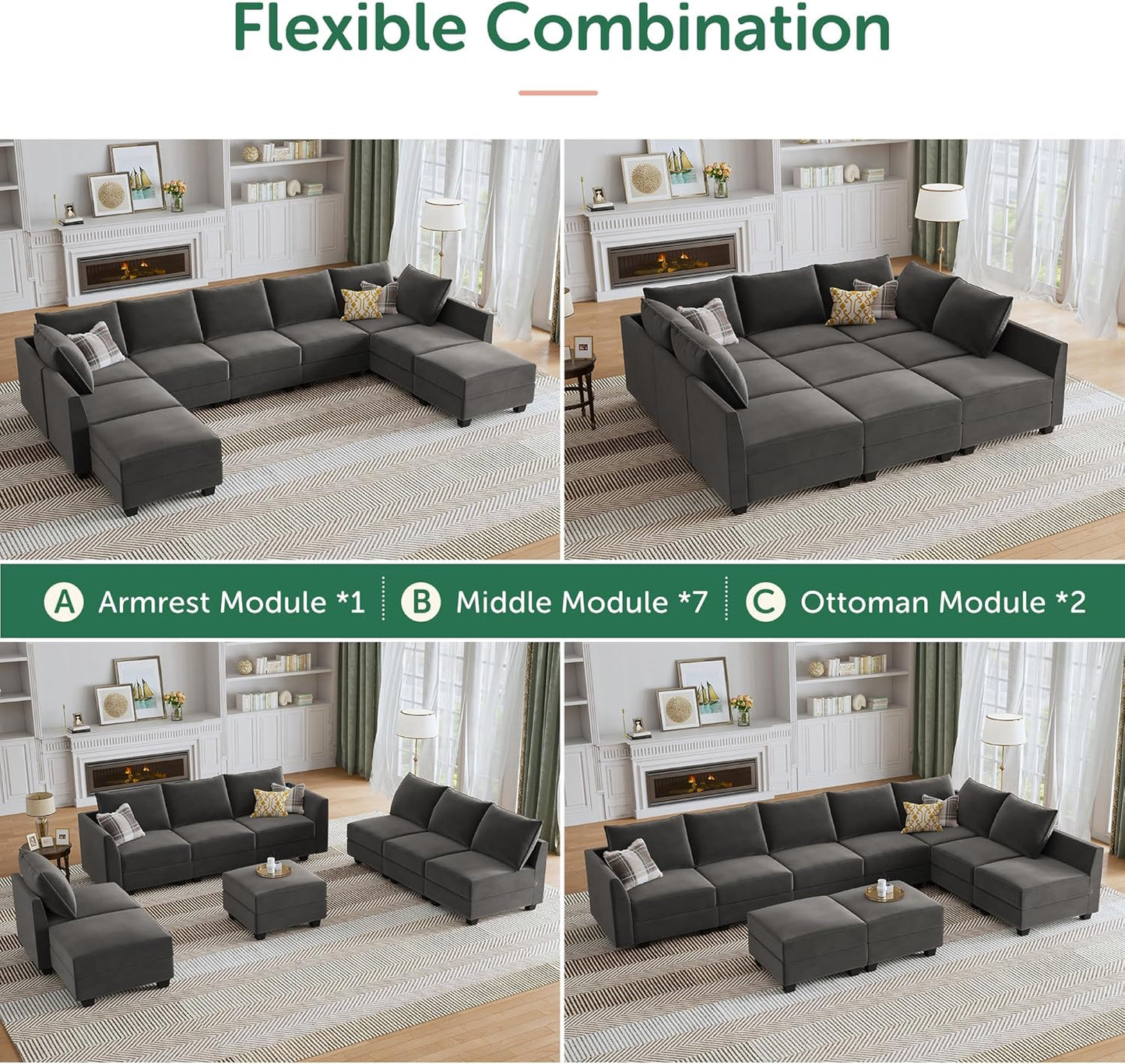 HONBAY Velvet Sectional Sofa Couch with Storage - Modular Sleeper for Living Room, Grey