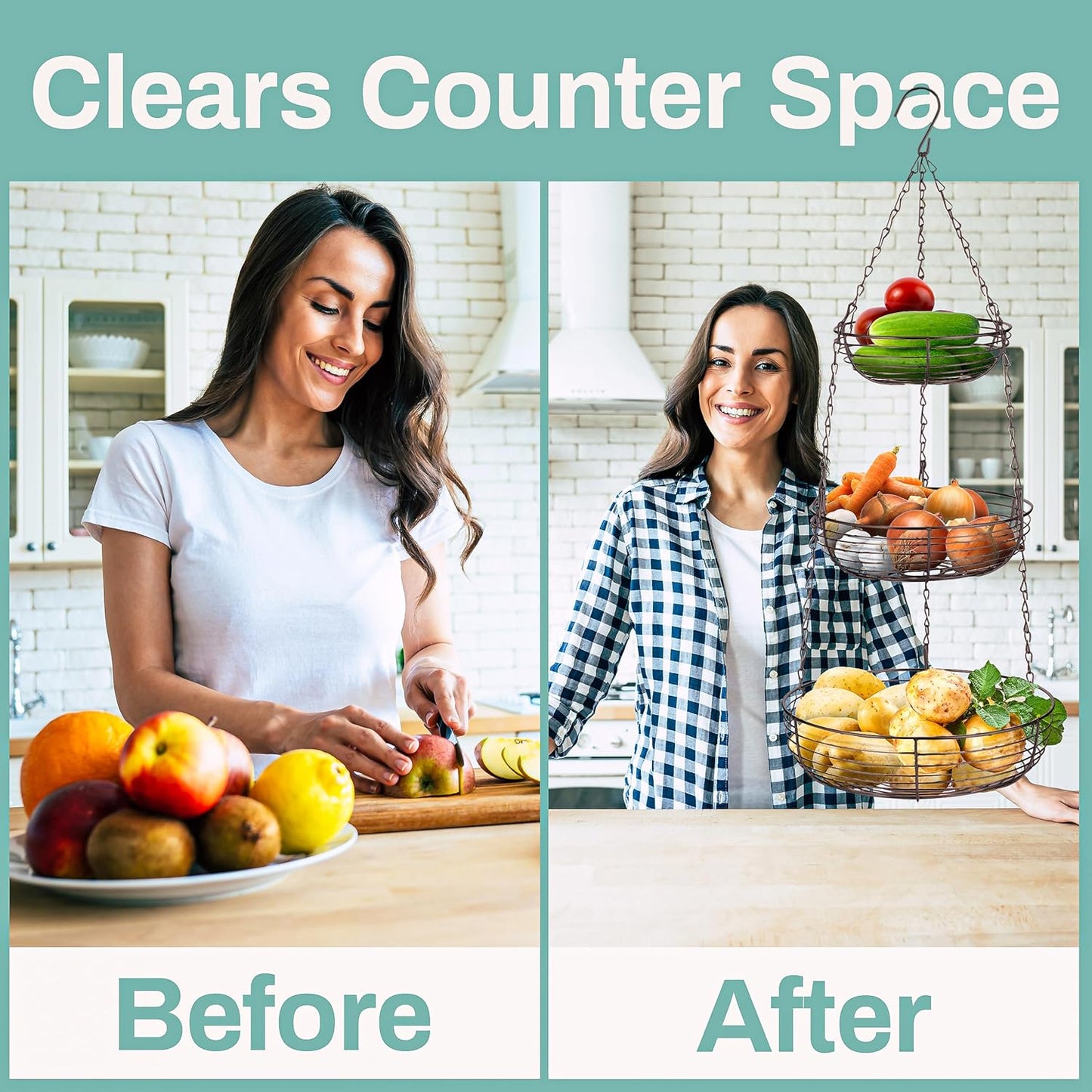 Home Intuition 3-Tier Hanging Fruit Produce Basket Heavy Duty Wire with 2 Metal Ceiling Hooks, Round, Bronze