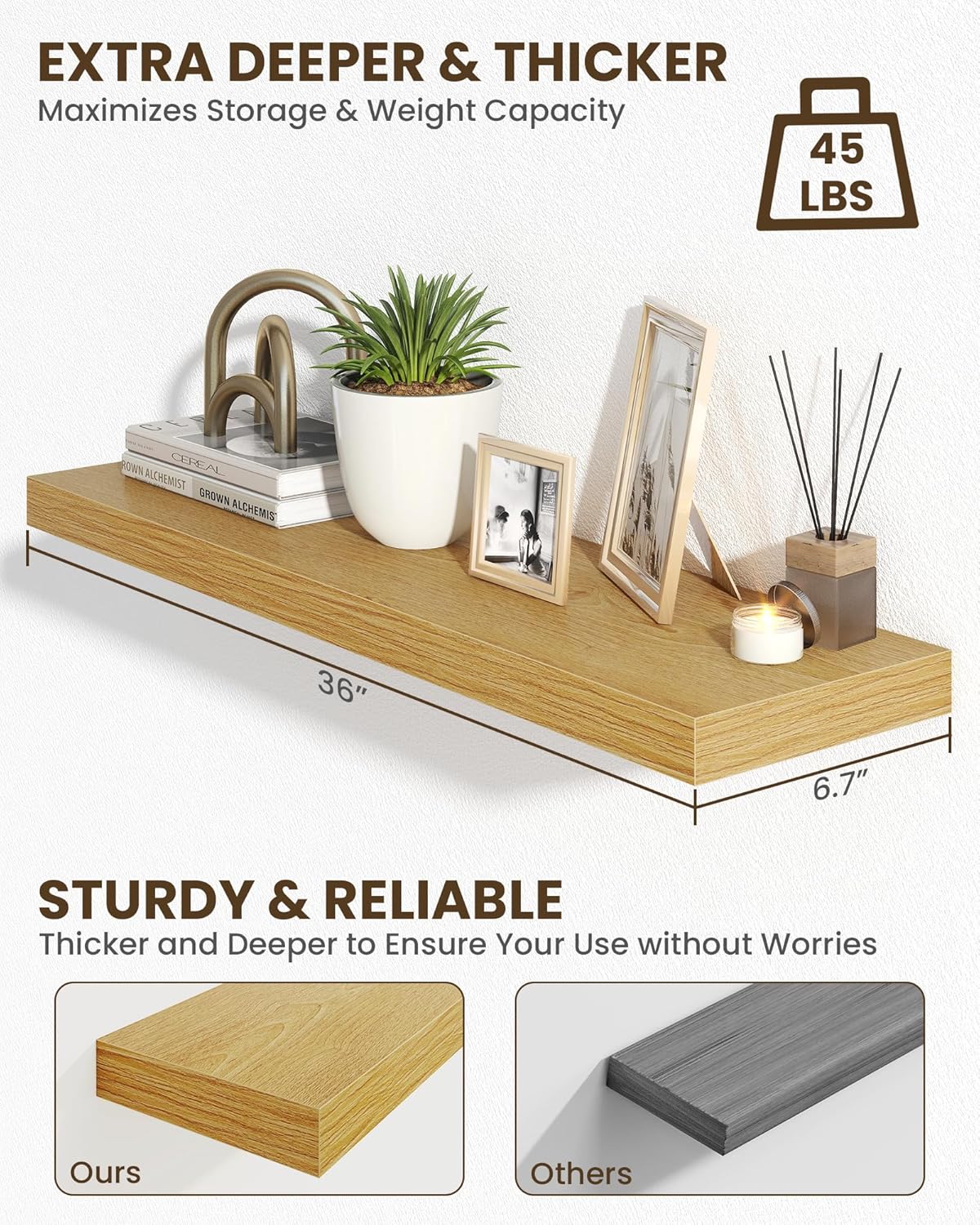 Marsmiles 36" Floating Shelves for Wall, Wooden Shelves with Invisible Brackets Set of 2, Rustic Farmhouse Wall Mounted Shelf for Kitchen Bathroom Living Room Study, Natural Oak