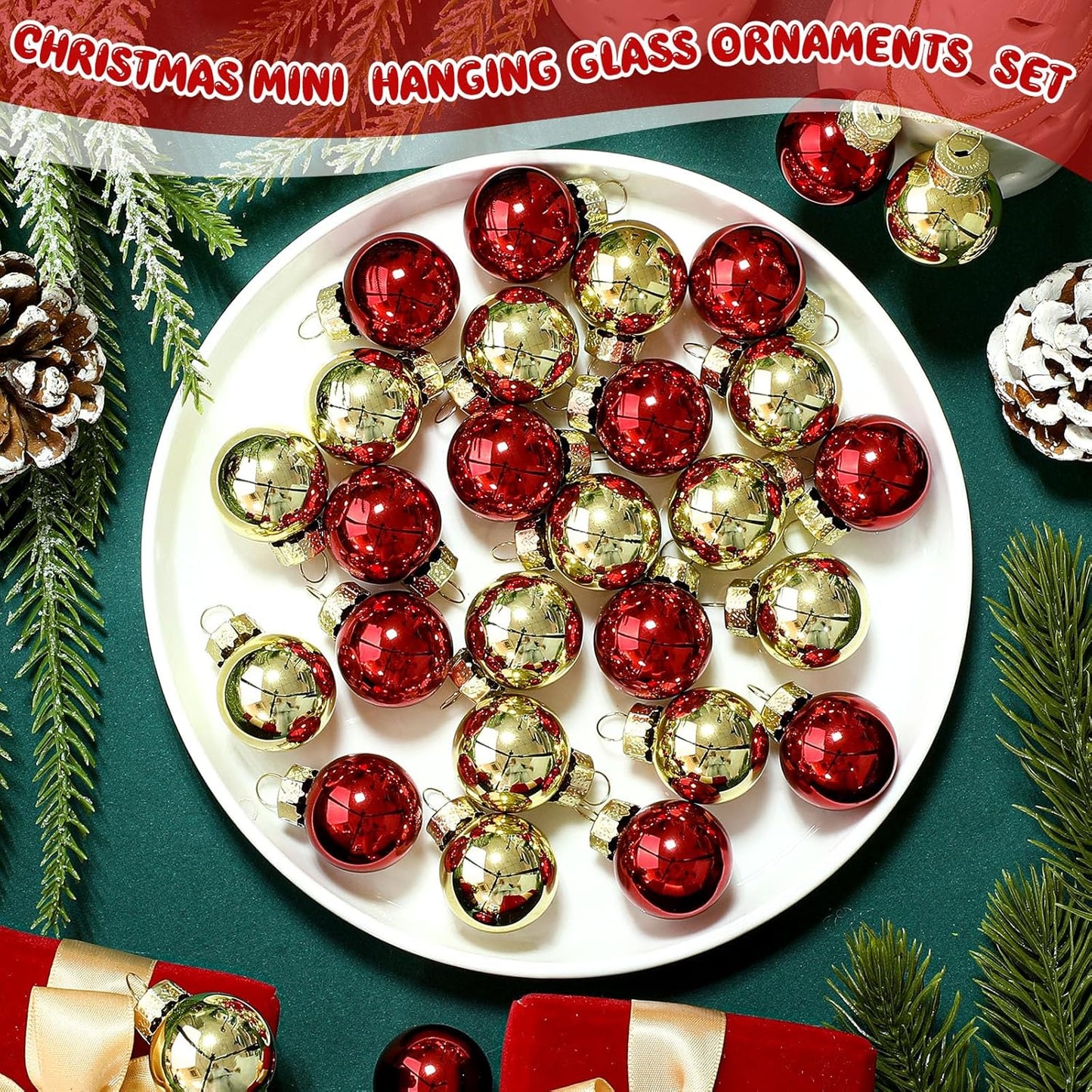 Tioncy 32 Pcs 1 Inch Mini Glass Christmas Ornaments Balls Shiny Christmas Balls Tiny Tree Hanging Decoration Small Colorful Ball Pendant for Xmas Party Supplies(Red, Gold)