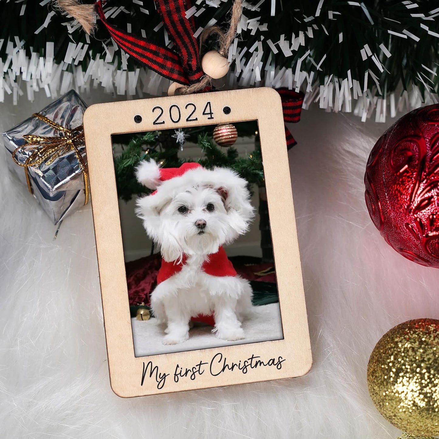 Christmas Photo Frame Ornament, 2025 Ornament, Wooden Picture Frame Ornaments With Hanging String (Dog)