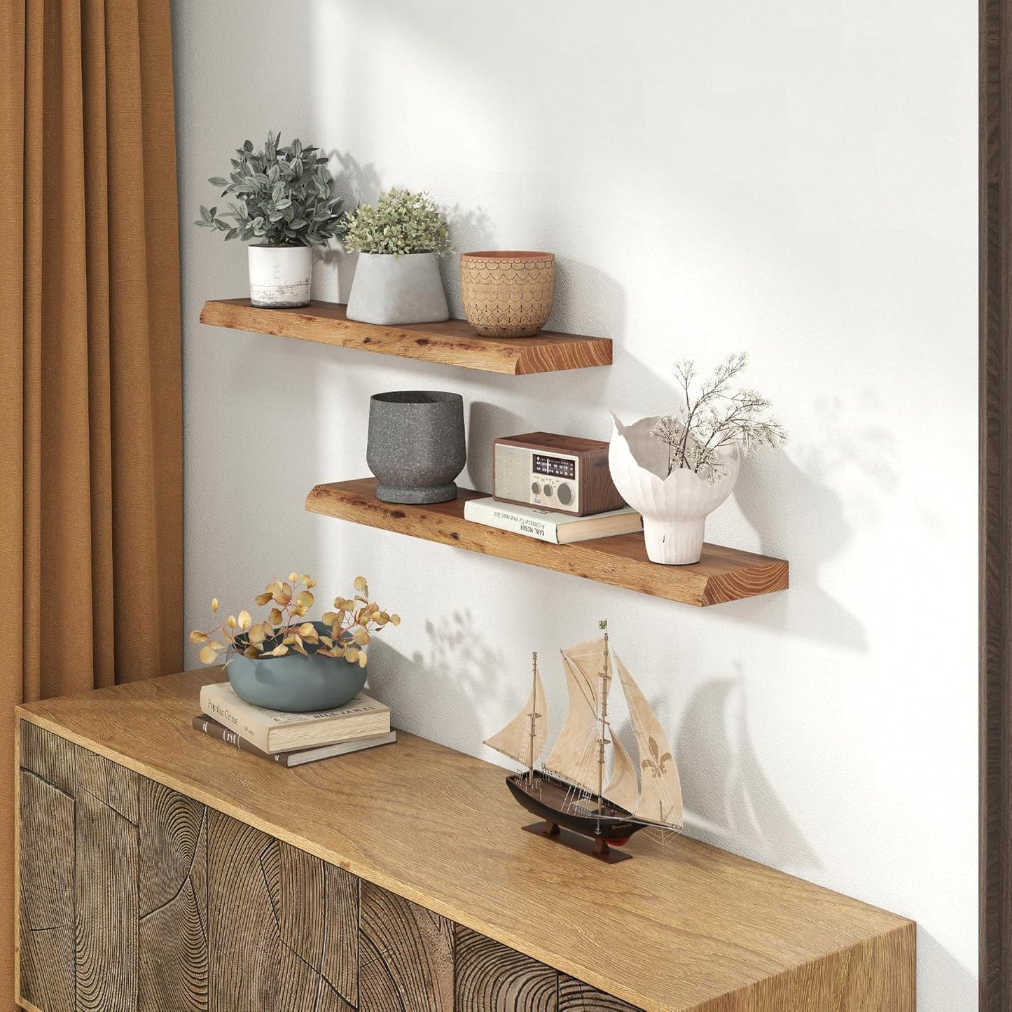 Solid Elm Wood Floating Shelves, 36 Inch Wood Floating Shelves for Wall, Live Edge Wooden Shelves Wall Mounted for Books, Bathroom, Kitchen, Natural Color, Set of 2