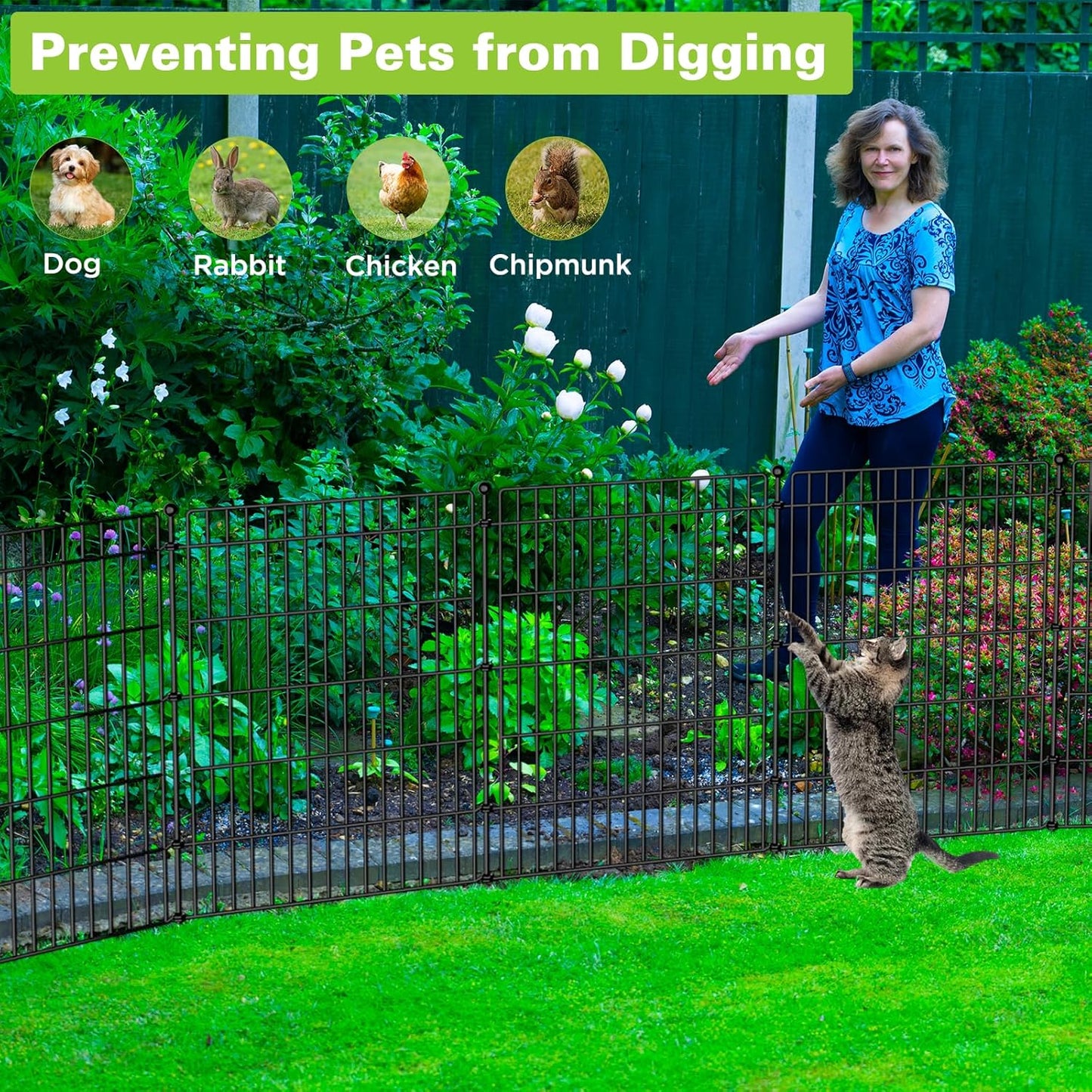 5 Panels No Dig Garden Fence with Gate, 34in(H) × 11.25ft(L) Decorative Metal Outdoor Dog Fence, Rustproof Pet Fencing for Yard, Patio, Flower Bed -Temporary Fencing| Easy to Install