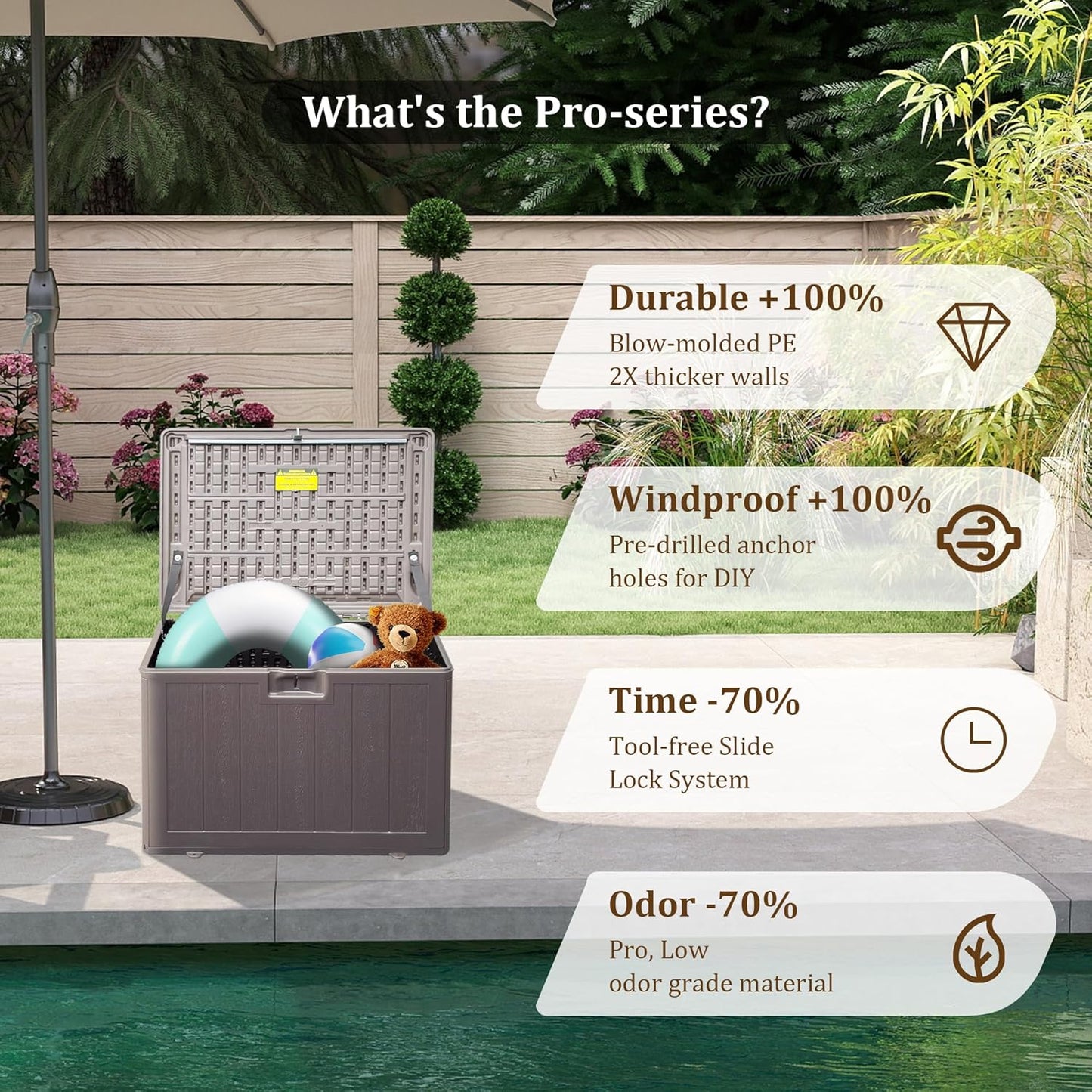 33 Gallon Pro Outdoor Storage Box Waterproof Lockable Resin Deck Box Large, Patio Storage Bin for Pool Accessories Cushion Furniture, Garden Tools, UV-Resistant Outside Delivery Brown