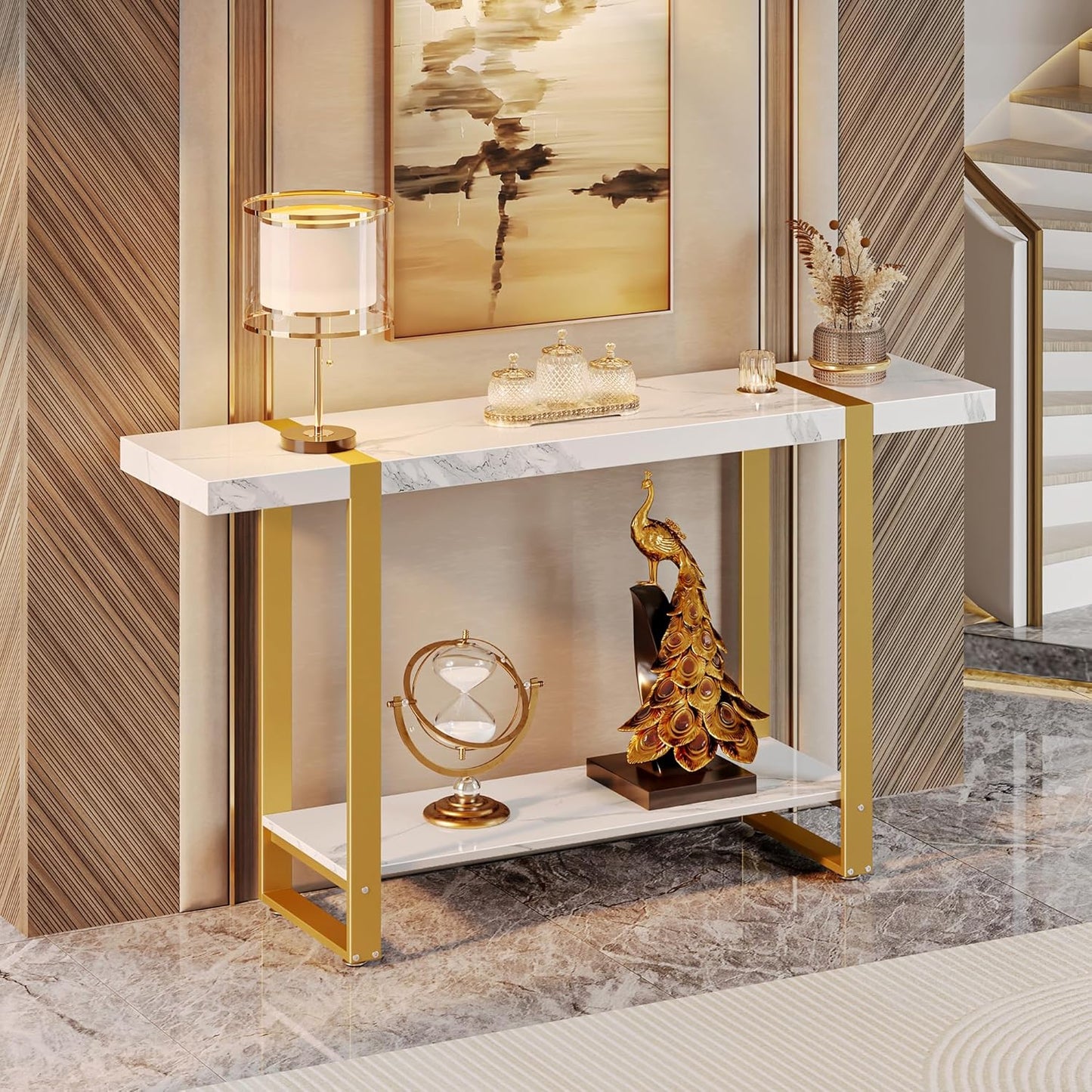 Huuger 47.2 Inch Entryway Table with Marble Top, 2-Tier Modern Console Sofa Table with Storage, Accent Table, for Entry, Hallway, Entrance, Foyer, T-Shaped Metal Frame, White Marble & Gold