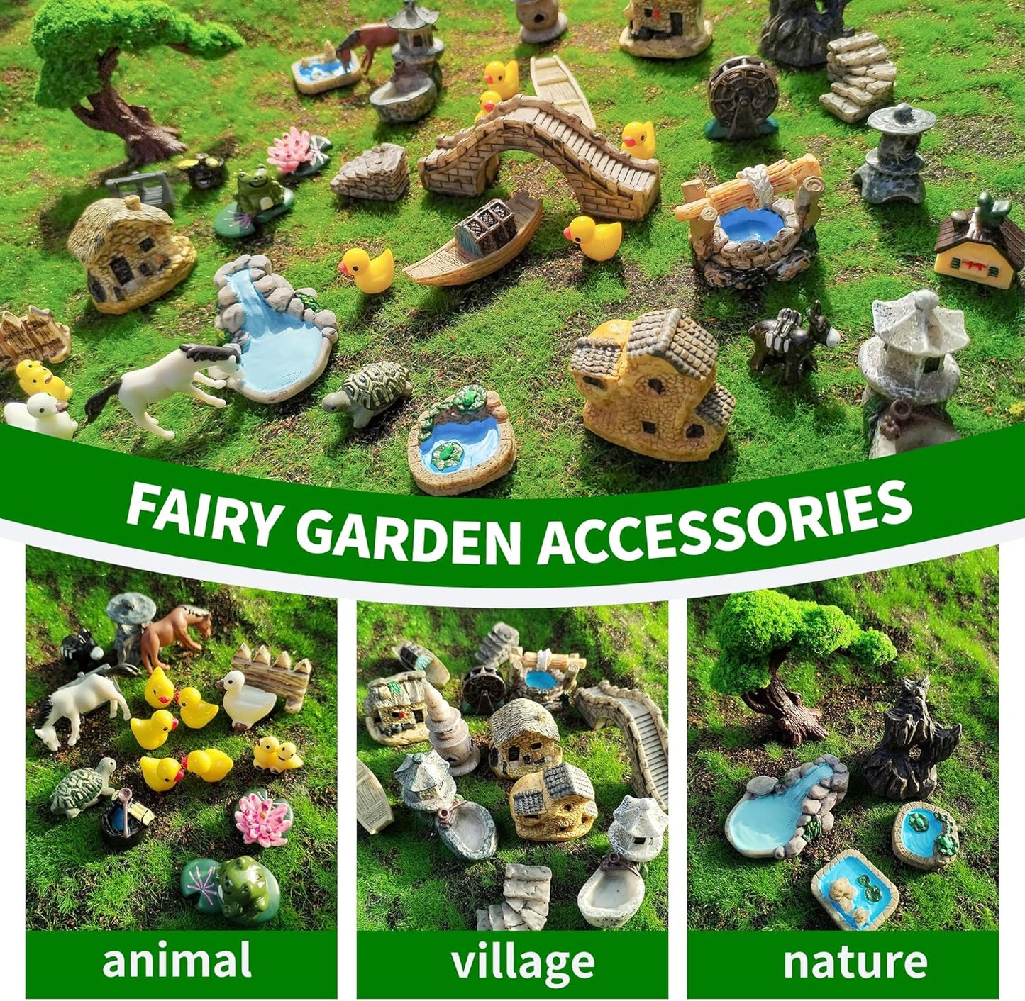37PCS Fairy Garden Accessories, Miniature Nature Village Theme Fairy Garden Supplies for Outdoor, Mini Resin Animals House Bridge Pool Figurines Micro Landscape Succulent Plant Pots Terrarium Decor