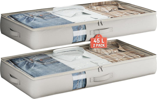 Under Bed Storage Containers with Window, Closet Organizers and Storage Bags, Foldable Underbed Storage Bags for Blankets, Clothing, Comforter, Linen Sheets, Wrapping Paper, 2 Pack, Grey