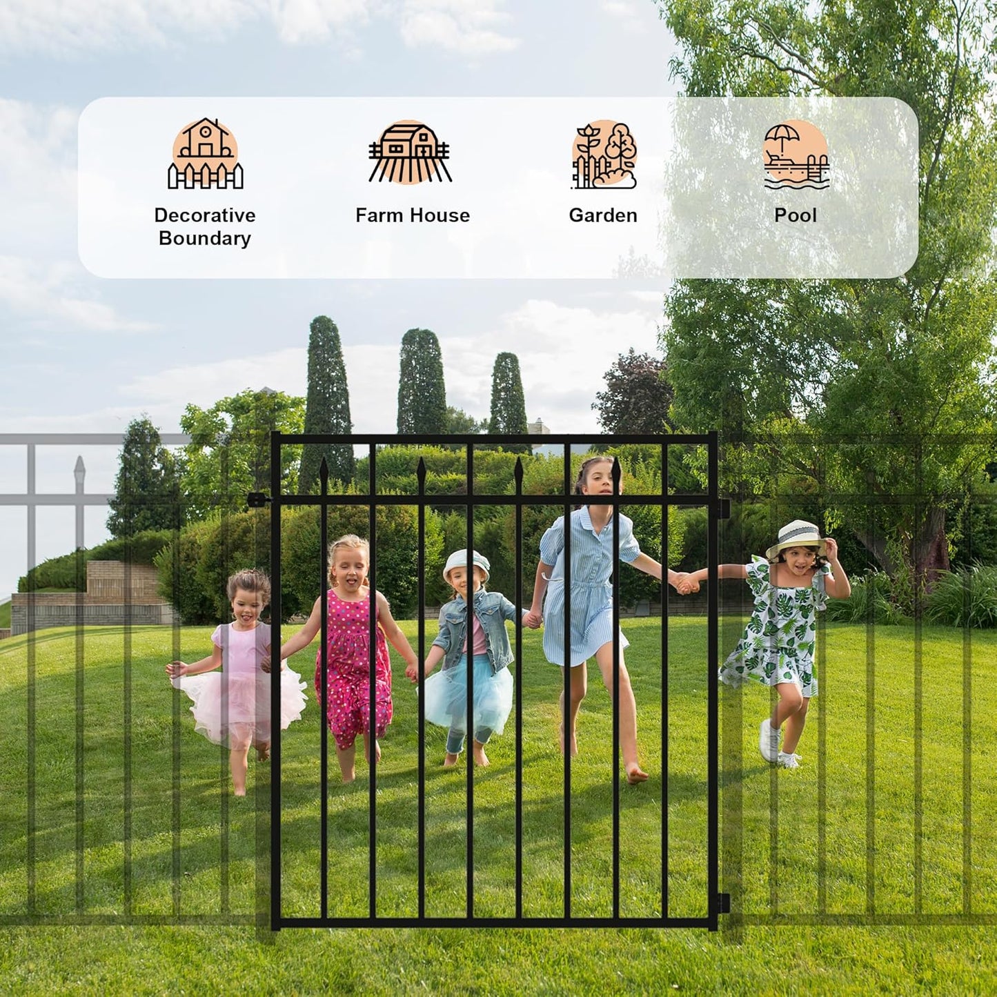 Heavy-Duty Metal Gate, 3.5' W x 4' H, Rustproof Wrought Iron Outdoor Gate for Backyard, Garden & Doorway, Easy to Install with Stainless Steel Hinges & Self-Locking Latch