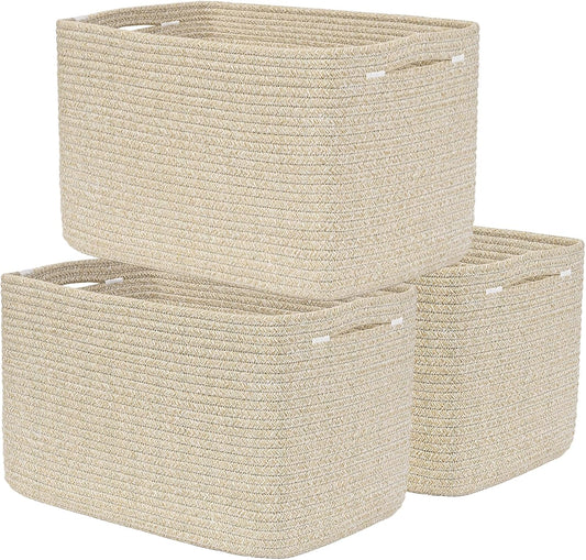 3-Pack Shelf Baskets for Organizing, Woven Storage Basket for Shelves, Cotton Rope Storage Bins for Toys Books, Nursery Towel Baskets for Classroom, 14.96"X9.8"X8.85", Brown