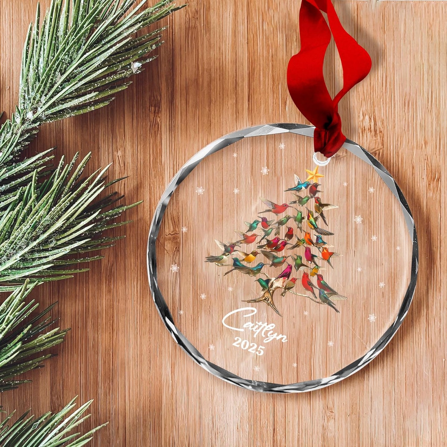 Personalized Christmas Ornament – Custom Holiday Tree Design with Birds – Custom Name 2025 – Glass Christmas Tree Ornament with Suncatcher