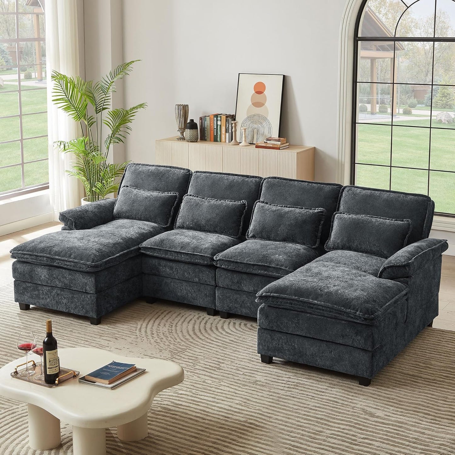 113" Oversized Cloud Couch, U Shape Sectional 4 Seat Sofa with Double Chaises, 2 Layer Cusions, Deep Seat Comfy Sofa, Upholstery Chenille Fabric for Living Room, Dark Grey