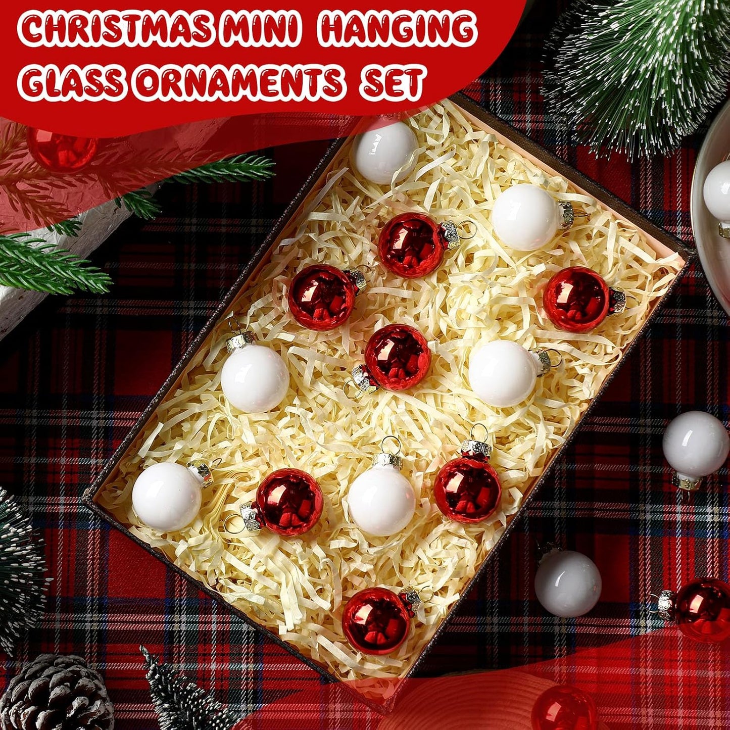 Tioncy 32 Pcs 1 Inch Mini Glass Christmas Ornaments Balls Shiny Christmas Balls Tiny Tree Hanging Decoration Small Colorful Ball Pendant for Xmas Party Supplies(Red, White)