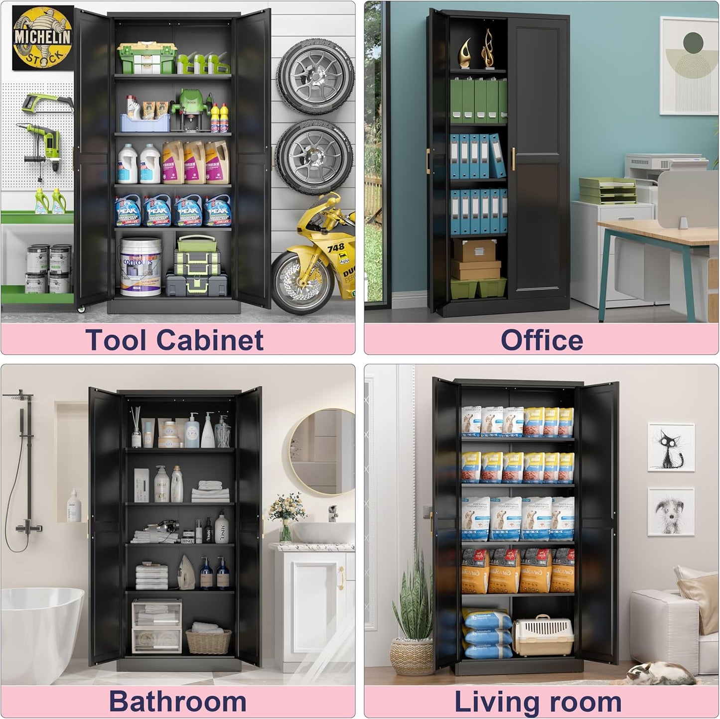 71" Storage Cabinet, Metal Pantry Cabinet, Kitchen Pantry Storage Cabinets with Doors and 4 Shelves for Laundry Room, Living Room, Dinning Room, Assembly Required, Black