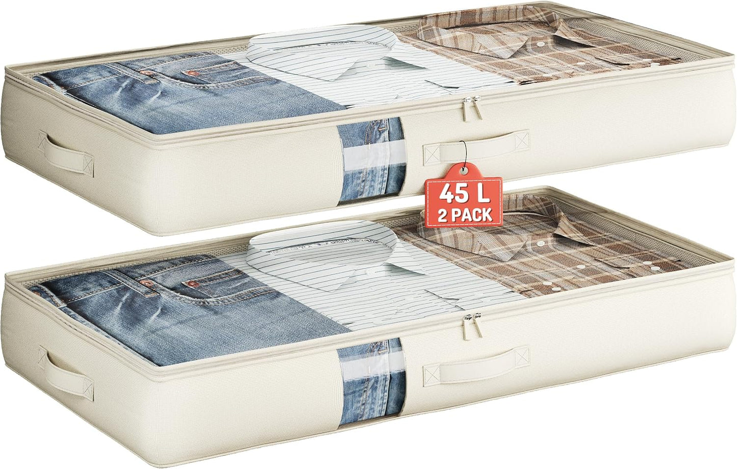 Under Bed Storage Containers with Window, Closet Organizers and Storage Bags, Foldable Underbed Storage Bags for Blankets, Clothing, Comforter, Linen Sheets, Wrapping Paper, 2 Pack, White Ivory