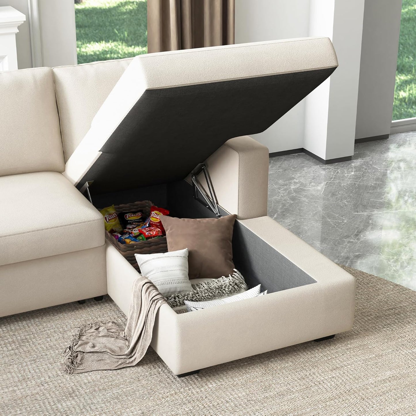 HONBAY Sectional Couch with Pull Out Bed, Sectional Sleeper Sofa with Storage, U Shape Couches for Living Room, Velvet Beige