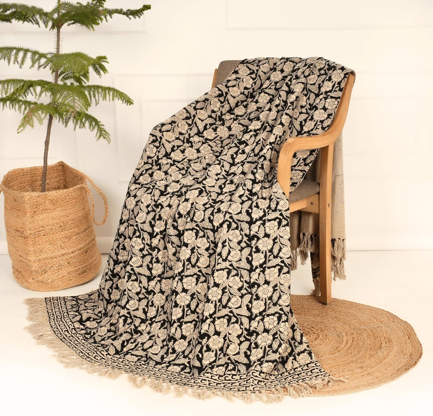 Handmade Cotton Throw Blanket, Floral Block Print, Black and Beige Wrap, 47x71 inches Decorative Woven Throw with Tassels