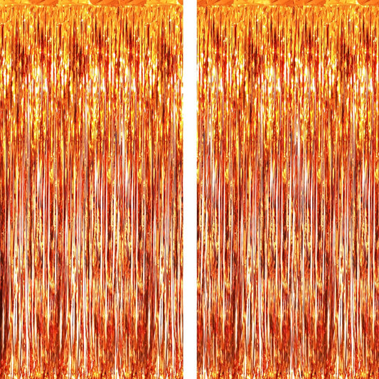 GOER 6.4 ft x 9.8 ft Metallic Tinsel Foil Fringe Curtains,Pack of 2 Party Streamer Backdrop for Birthday,Graduation Decorations and New Year Eve (Orange)