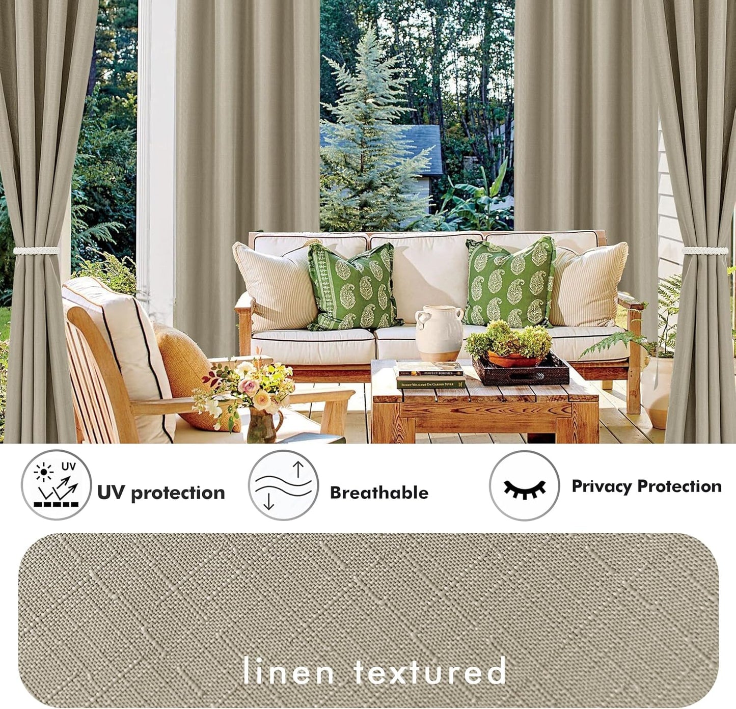 HolidayIdeas 4 Panels Linen Outdoor Curtains for Patio Waterproof Taupe Outside Curtains 110"x120"-Indoor/Outdoor Gazebo Wide Curtains Weatherproof, Privacy for Pergola, Porch, Cabana, Deck, Sunroom