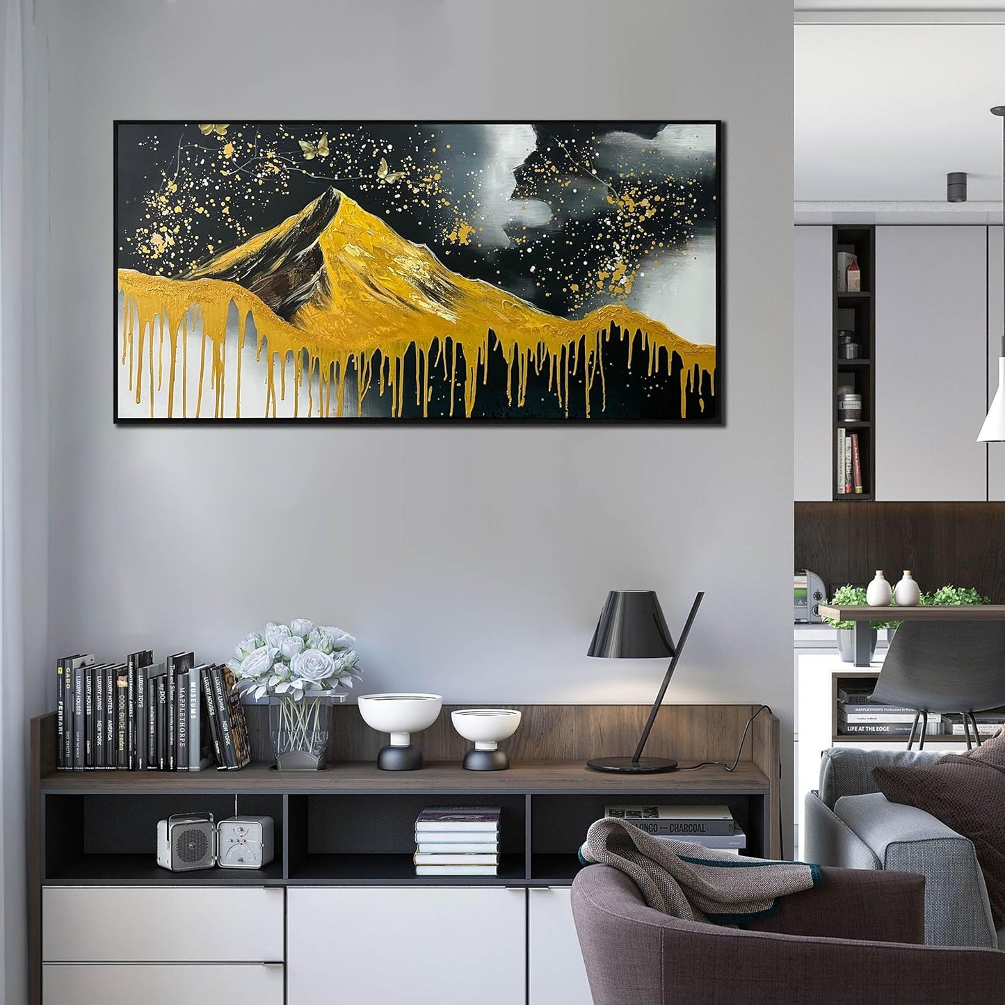 Gold Mountains Painted Wall Art for Living Room - Hand Painted Abstract Wall Art for Office - Black Framed Wall Art for Bedroom Size 29" x 59"