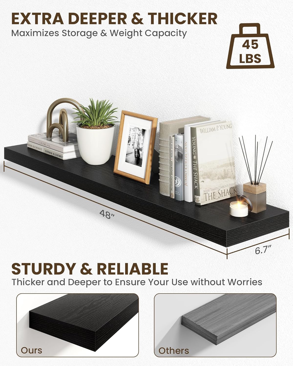 Marsmiles 48" Floating Shelves for Wall, Wooden Shelves with Invisible Brackets Set of 2, Rustic Farmhouse Wall Mounted Shelf for Kitchen Bathroom Living Room Study, Black