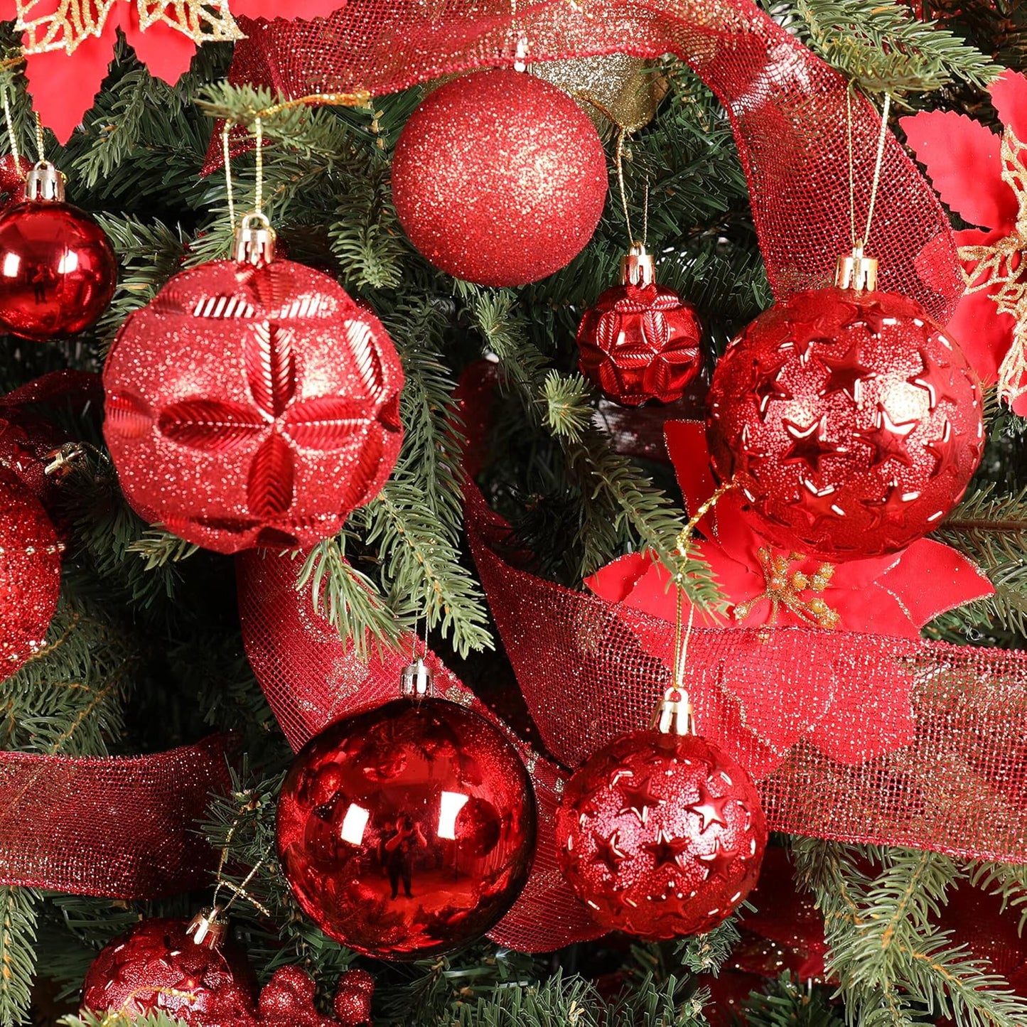 87ct Christmas Ball Ornaments Set Shatterproof Seasonal Hanging Decorations with Reusable Hand-held Gift Package for Xmas Tree Holiday Party and Home Decor, Red