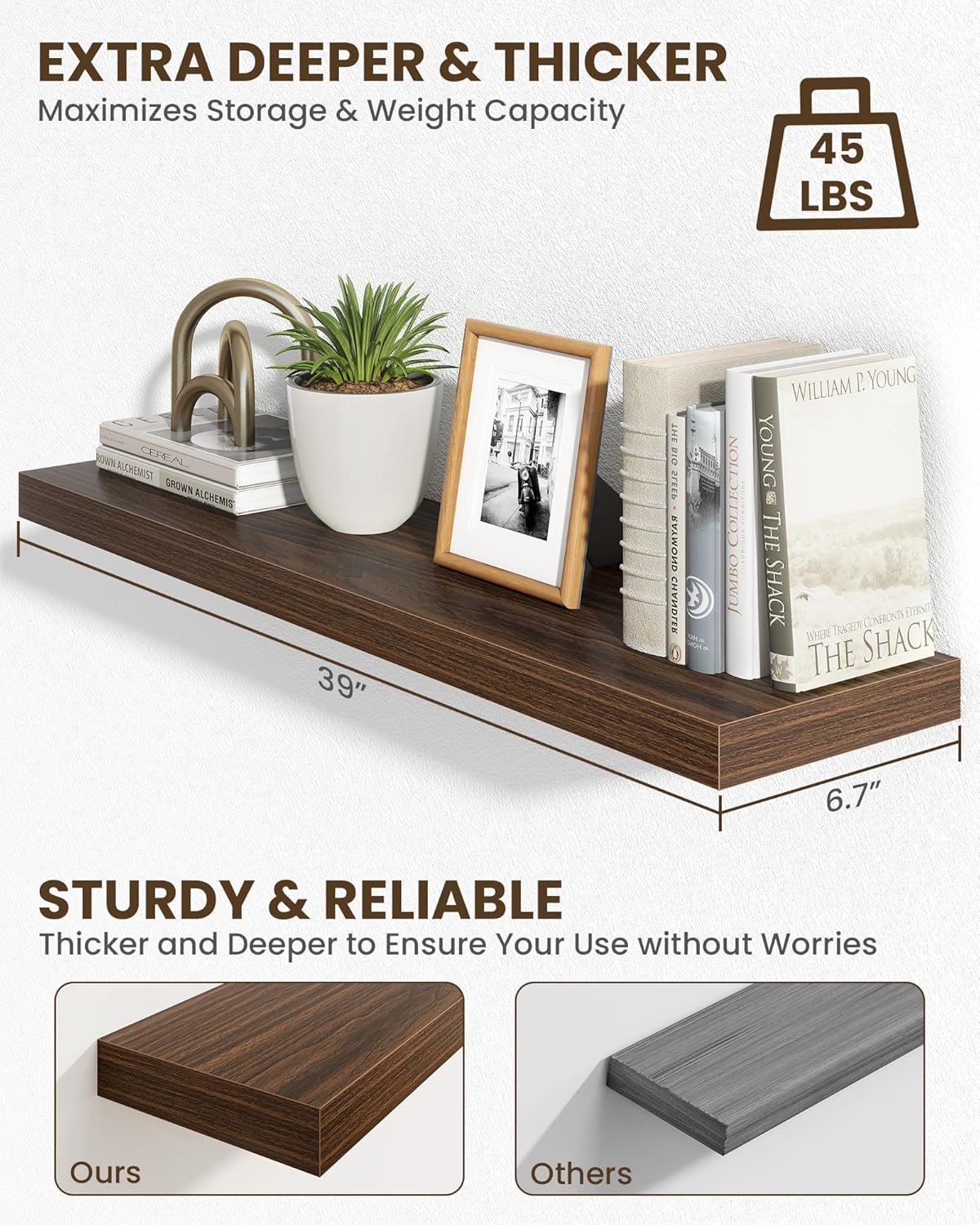 Marsmiles 39" Floating Shelves for Wall, Wooden Shelves with Invisible Brackets Set of 2, Rustic Farmhouse Wall Mounted Shelf for Kitchen Bathroom Living Room Study, Walnut