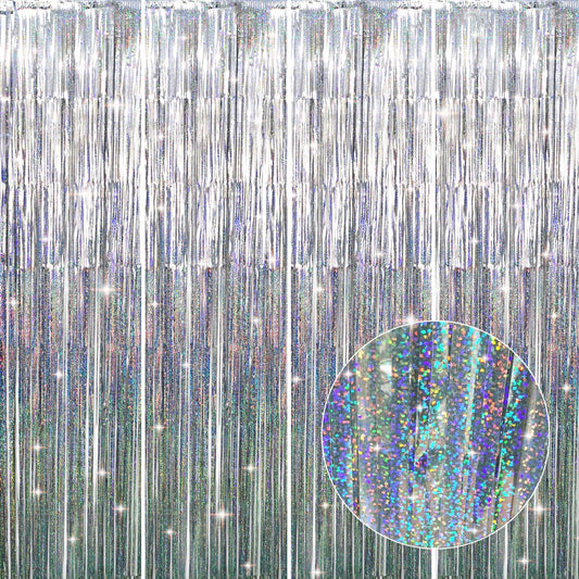 GOER 3.2 ft x 8.2 ft Metallic Tinsel Foil Fringe Curtains Party Photo Backdrop Party Streamers for Birthday,Graduation,New Year Eve Decorations Wedding Decor (4 Packs,Shiny Silver)