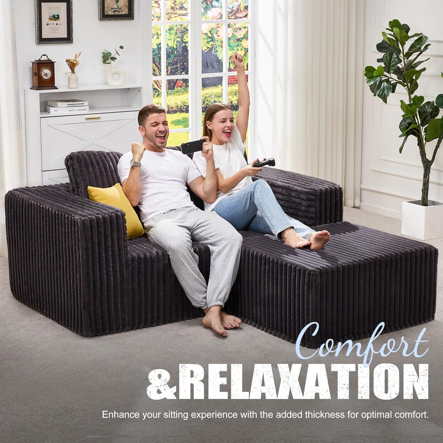 Hobestluk Modular Sectional Sofa Memory Foam Couch L Shape Sofa for Living Room Loveseat with Chaise Lounge Cloud Couch with Removable Cover (Stripe Grey, Loveseat with Chaise)