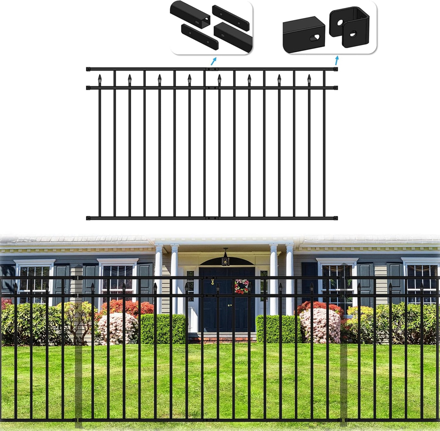 Heavy-Duty Black Metal Fence Panel, 6.5' W x 4' H, Pre-Fab Wrought Iron, Rust-Resistant, Easy to Install DIY Decorative Outdoor Fencing for Yard & Garden (Posts Sold Separately)