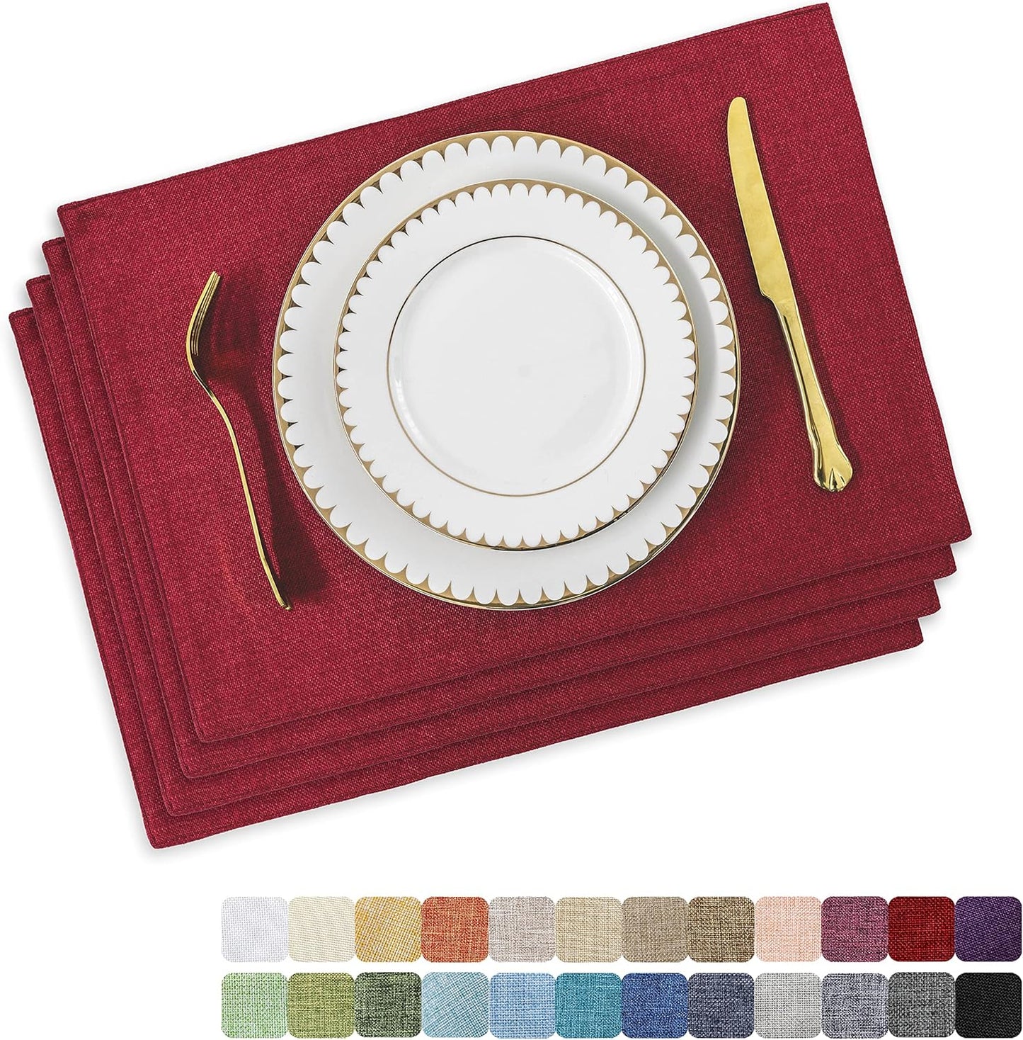 Home Brilliant Cloth Placemats Set of 4 Red Linen Placemats for Dinner Heat Resistant Dining Table Mats Kitchen Place Mats for Party, Dark Red Burgundy