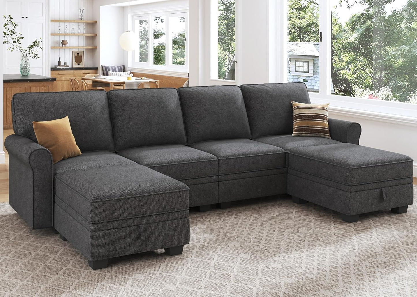 HONBAY Sectional Sofa with Storage Seat U Shaped Couch with Reversible Chaise Convertible Sectional Couches for Living Room,Dark Grey