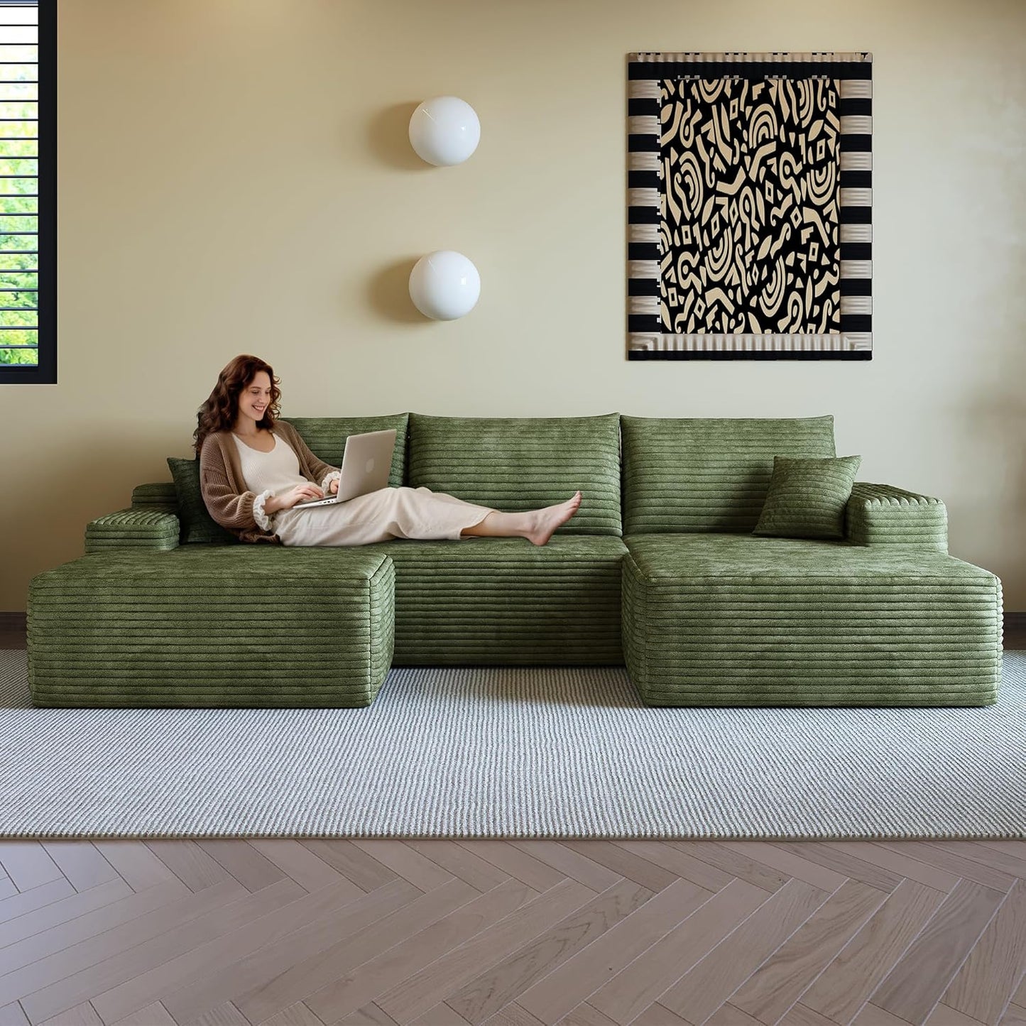 108" Sectional Couches for Living Room Modern Modular Sofa with L-Shape Couchs Upholstered Boneless Couch Deep Seat Sectional Couch with Chaise (Green, Right Facing Chaise+2Seaters+1Ottoman)