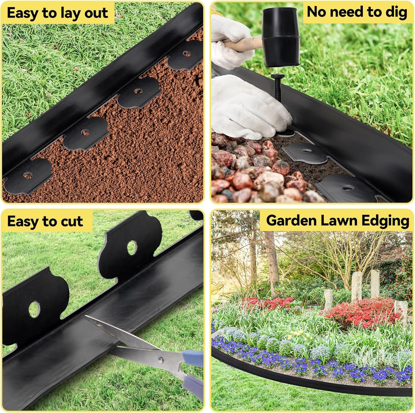 GOTGELIF Landscape Edging Border Kit No-Dig, 2'' x 100FT, Black Garden Edging with 120 Anchoring Stakes for Lawn, Flower Beds, and Yard Borders