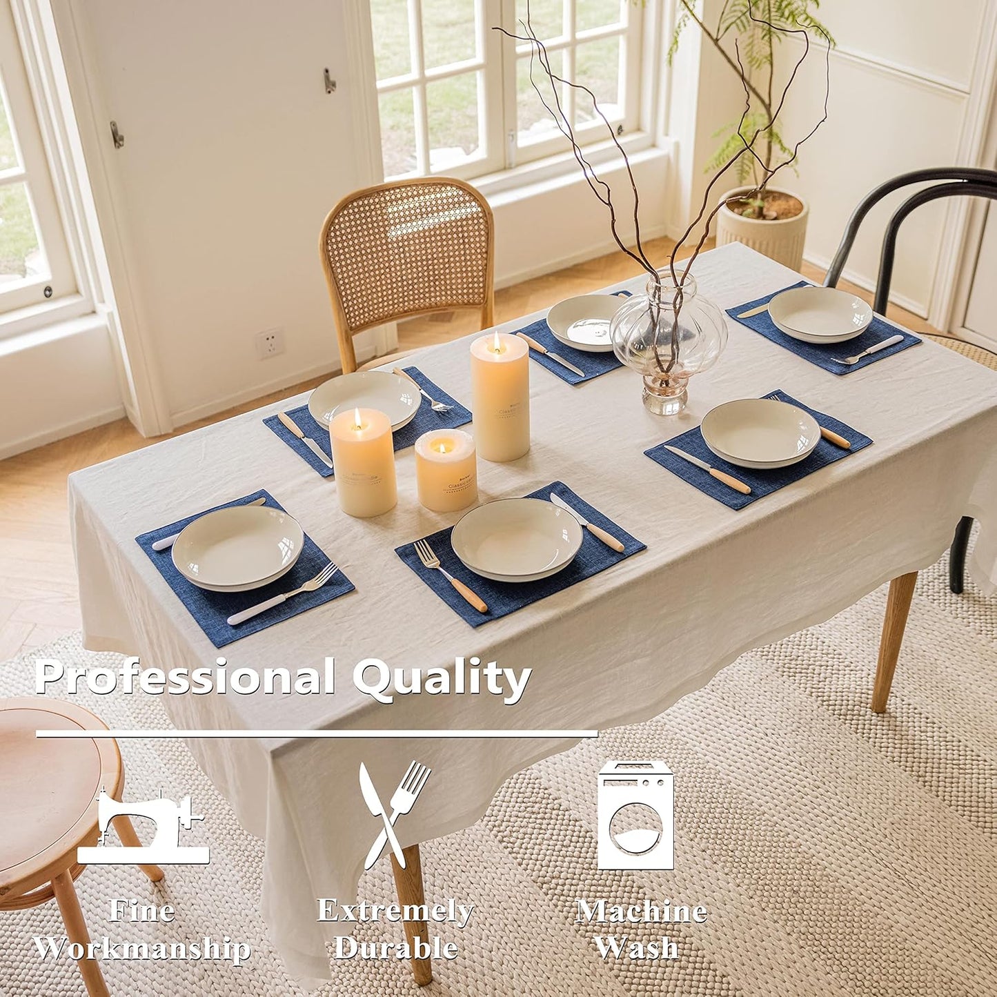 Home Brilliant Placemats Set of 6 Linen Blue Placemats Heat Resistant Dining Table Place Mats Kitchen Table Mats, Indigo