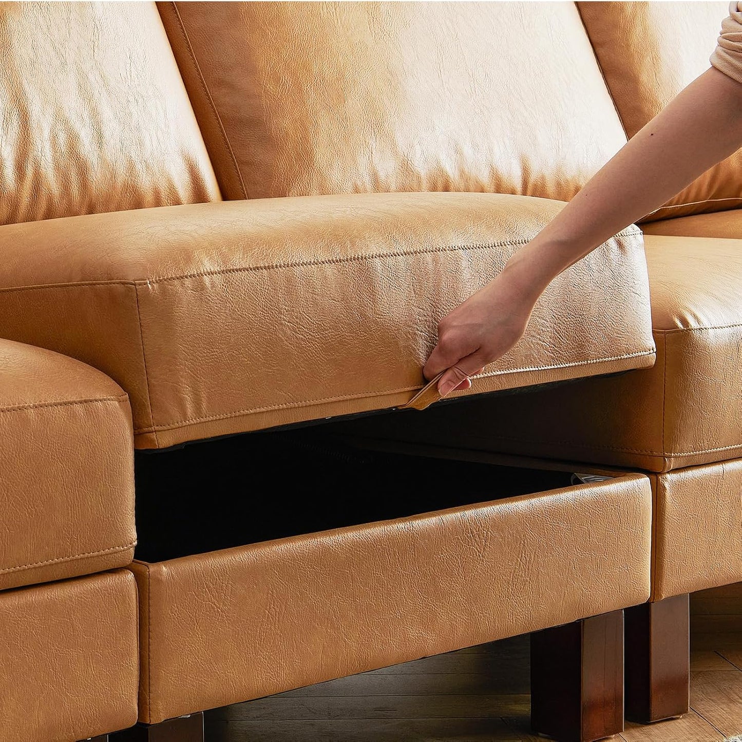 5 Seater Faux Leather Sofa Couch, 98'' L Shape Sectional Couch, Mid Century Modern Decor, Office Sectional Sofa Bed, for House, Apartment, Living Room, Tan