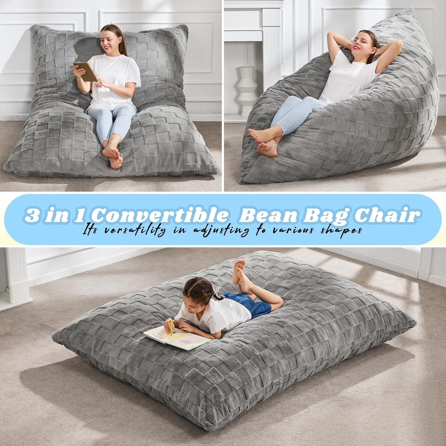 Hobestluk 3 in 1 Bean Bag Chair Giant Bean Bag Chairs for Adults with Plaid Cover Convertible Bean Bag Floor Cushion with Machine Washable Cover for Living Room (Plaid Grey)