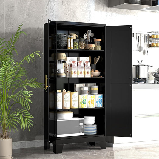61.02" Kitchen Pantry Cabinet, Pantry Storage Cabinet with 2 Doors and Adjustable Shelves, Black Food Storage for Kitchen, Living Room, Bedroom and Dining Room (Black) Metal Sideboard