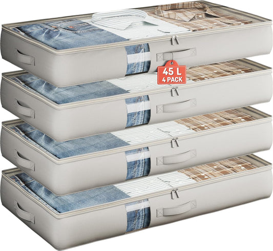 Under Bed Storage Containers with Window, Closet Organizers and Storage Bags, Foldable Underbed Storage Bags for Blankets, Clothing, Comforter, Linen Sheets, Wrapping Paper, 4 Pack, Grey
