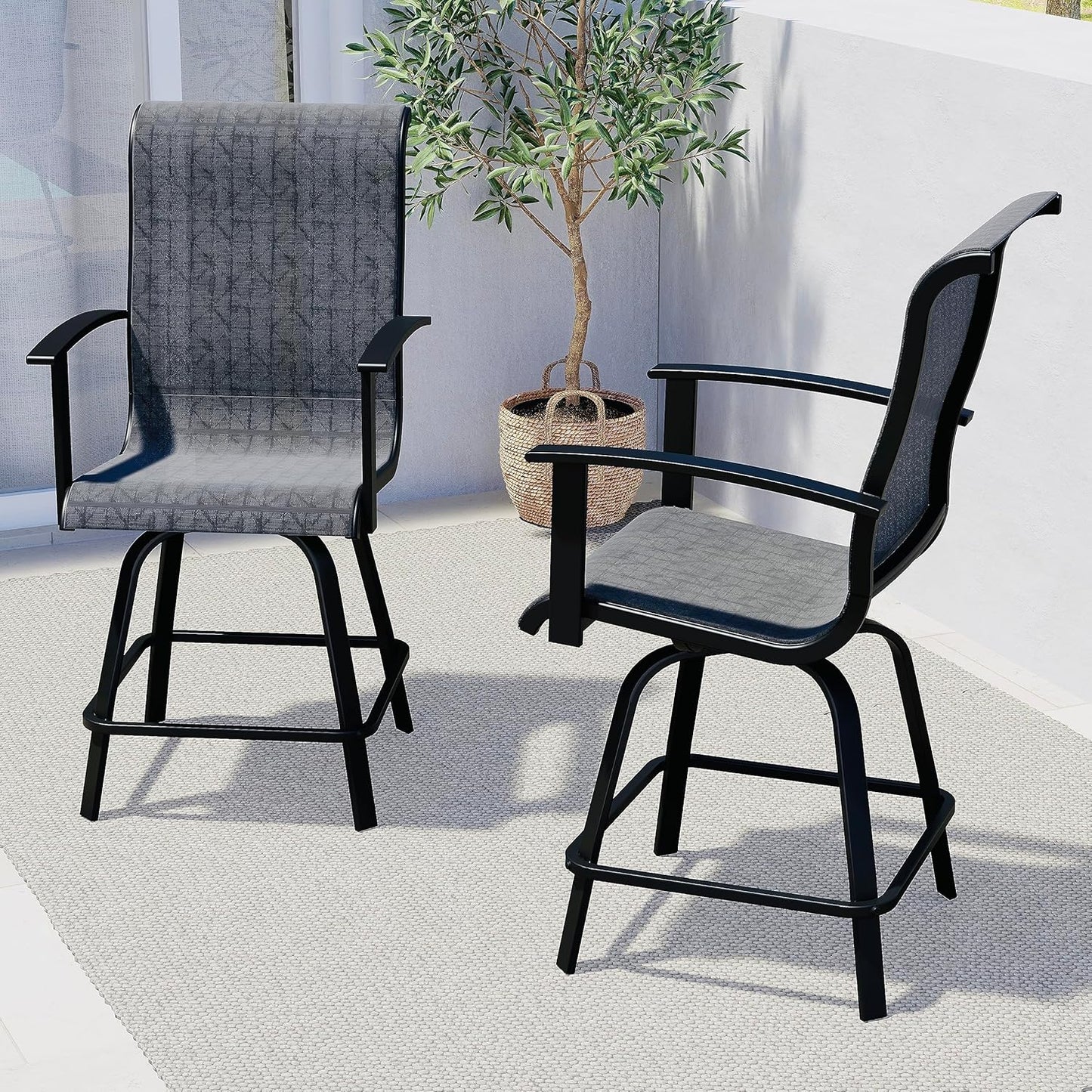 Grand patio Counter Height Outdoor Swivel Bar Stools Set of 2, Patio Bar Chairs with Arms Backs for Porch Balcony, Poolside, Deck (Black&Grey Plaid, 2PC)